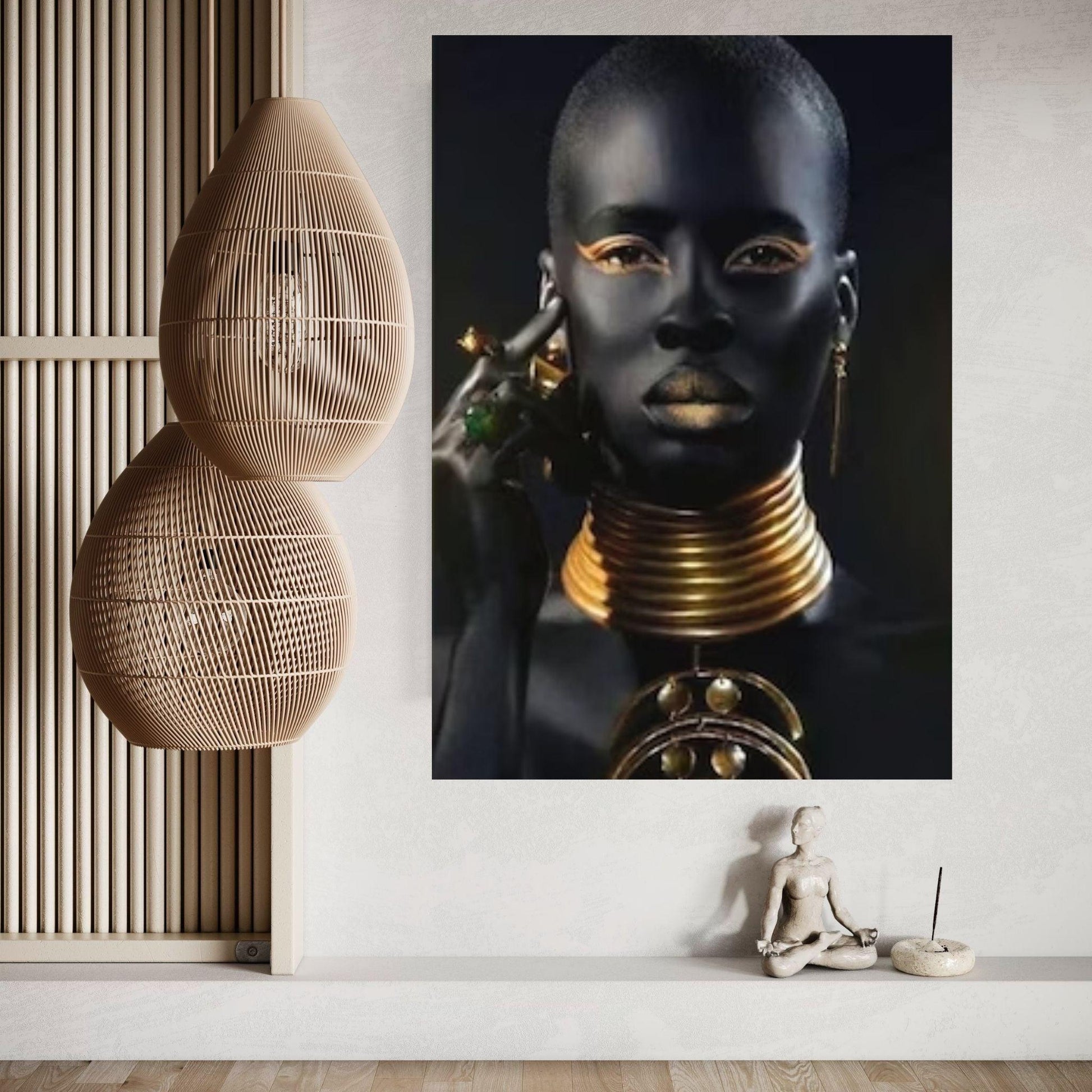 African Woman, Modern Wall Art, Golden Make-Up Woman Print on Canvas Wall Art - Y Canvas