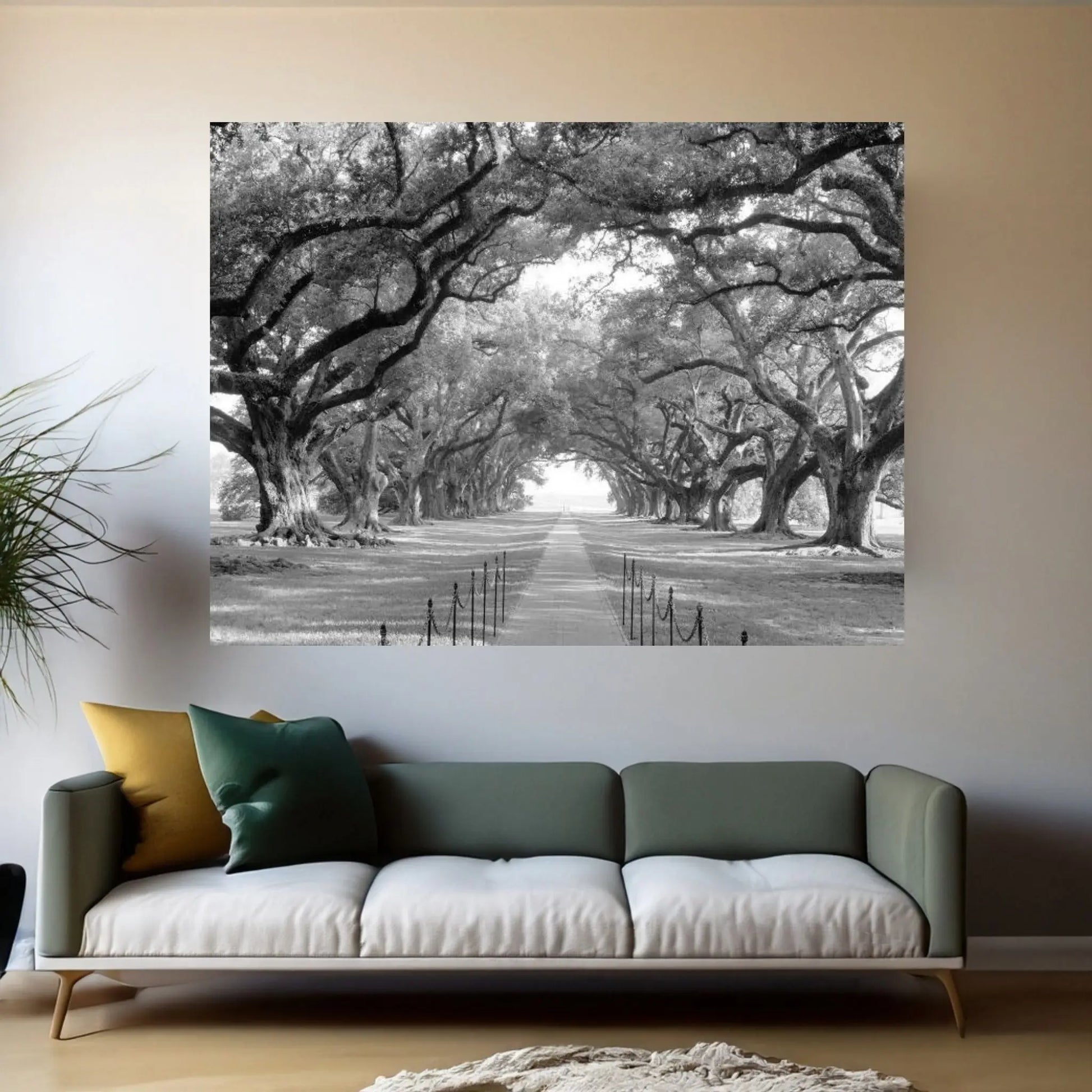 Brick Path Through Alley Of Oak Trees, Louisiana, New Orleans, USA (Black And White) I Canvas Wall Art - Y Canvas