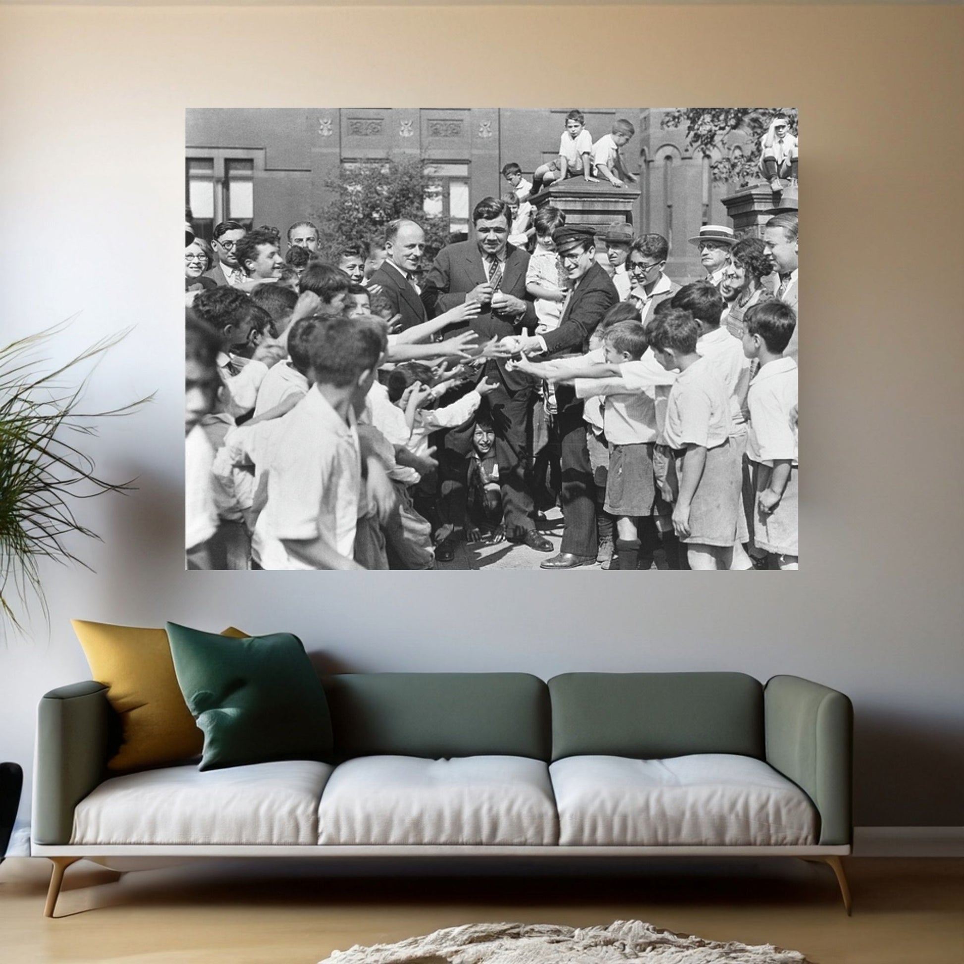 1920s Baseball Player Babe Ruth And Actor Harold Lloyd Greet Orphans Brooklyn New York City USA Canvas Wall Art - Y Canvas