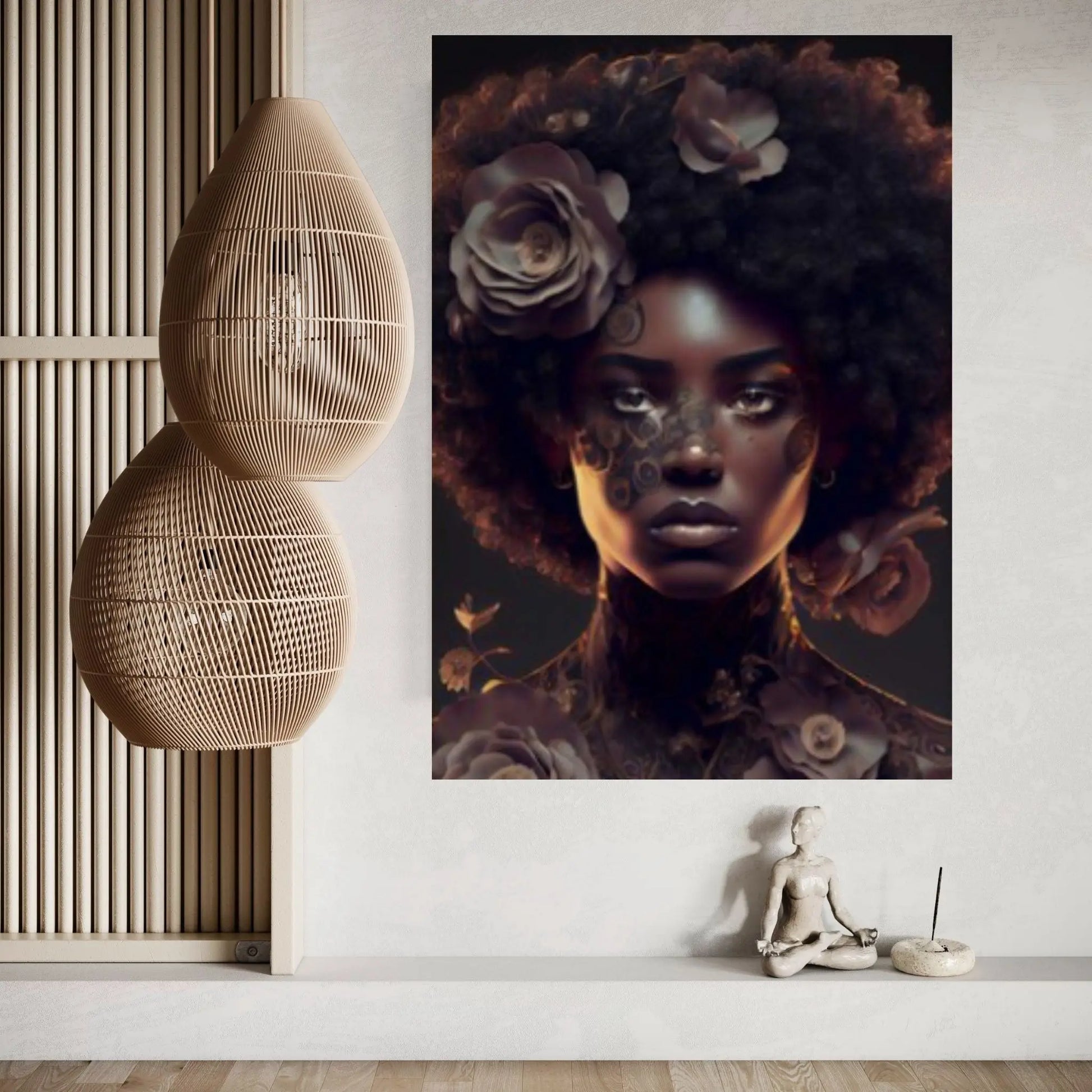 Black woman head flowers Canvas wall art, Black art, Black girl print, flower woman painting, Girl Flowers Poster - Y Canvas