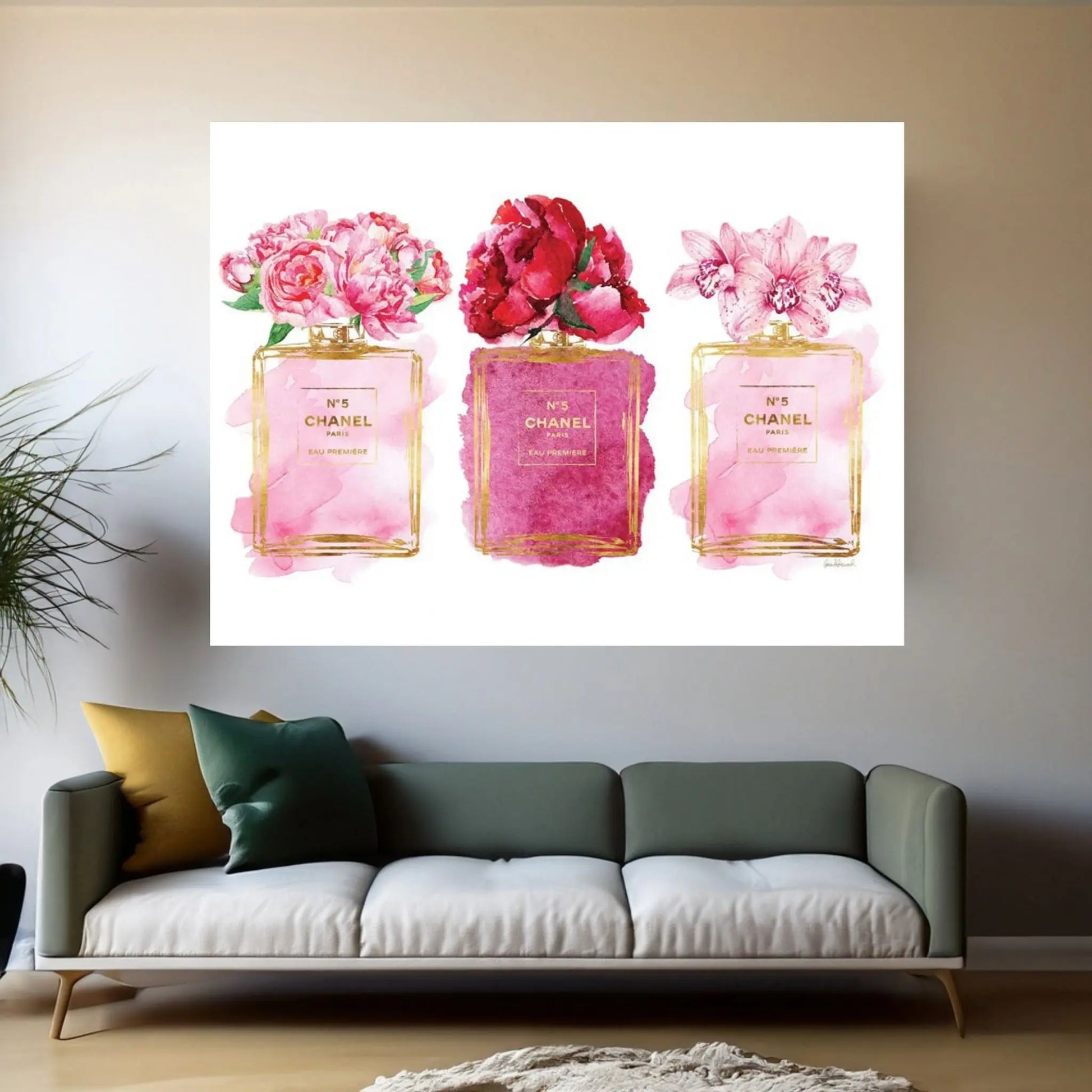 Three Perfume Bottles In Pink Canvas Wall Art - Y Canvas