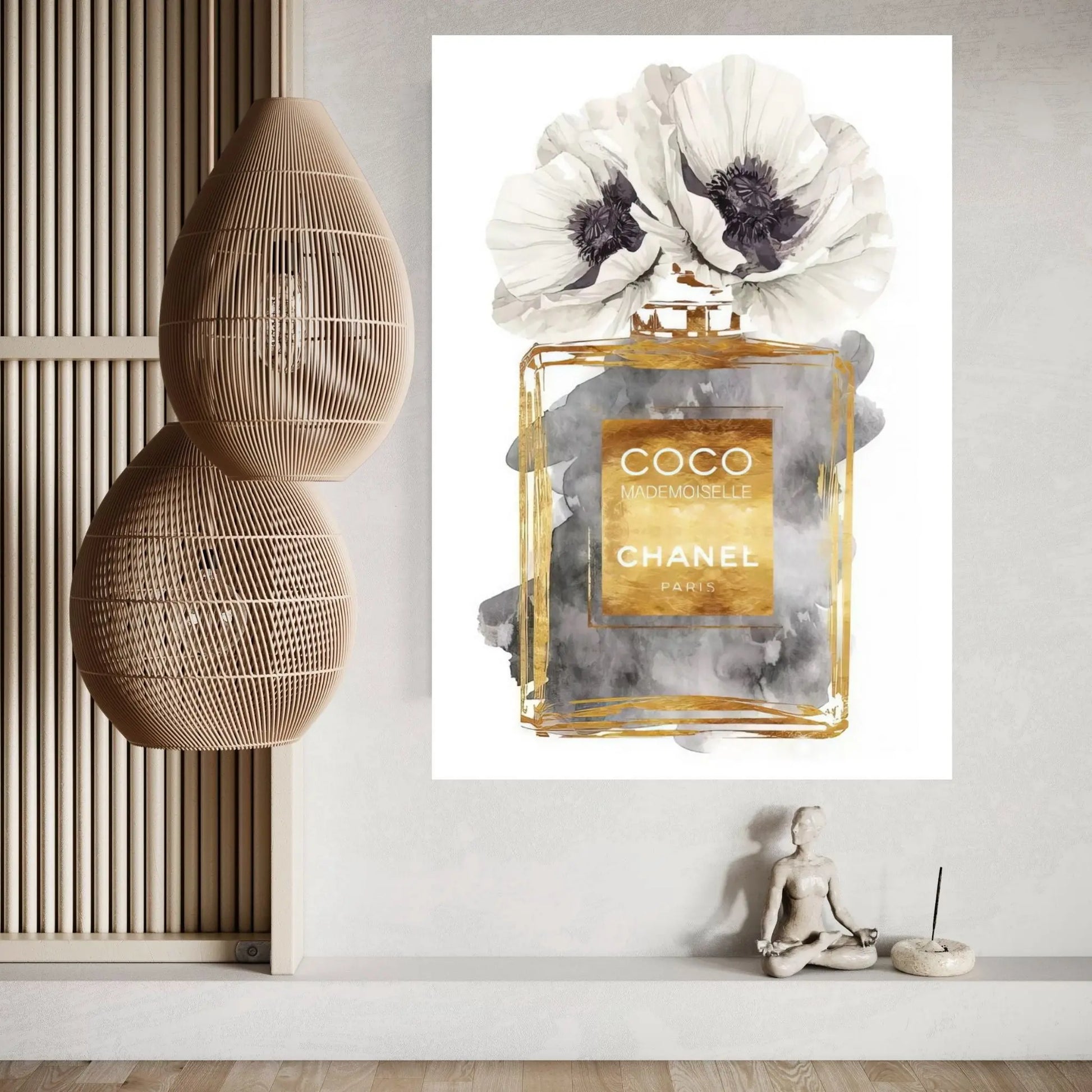 Perfume Bottle, Dark Gold With Dark Grey & White Poppy Canvas Wall Art - Y Canvas