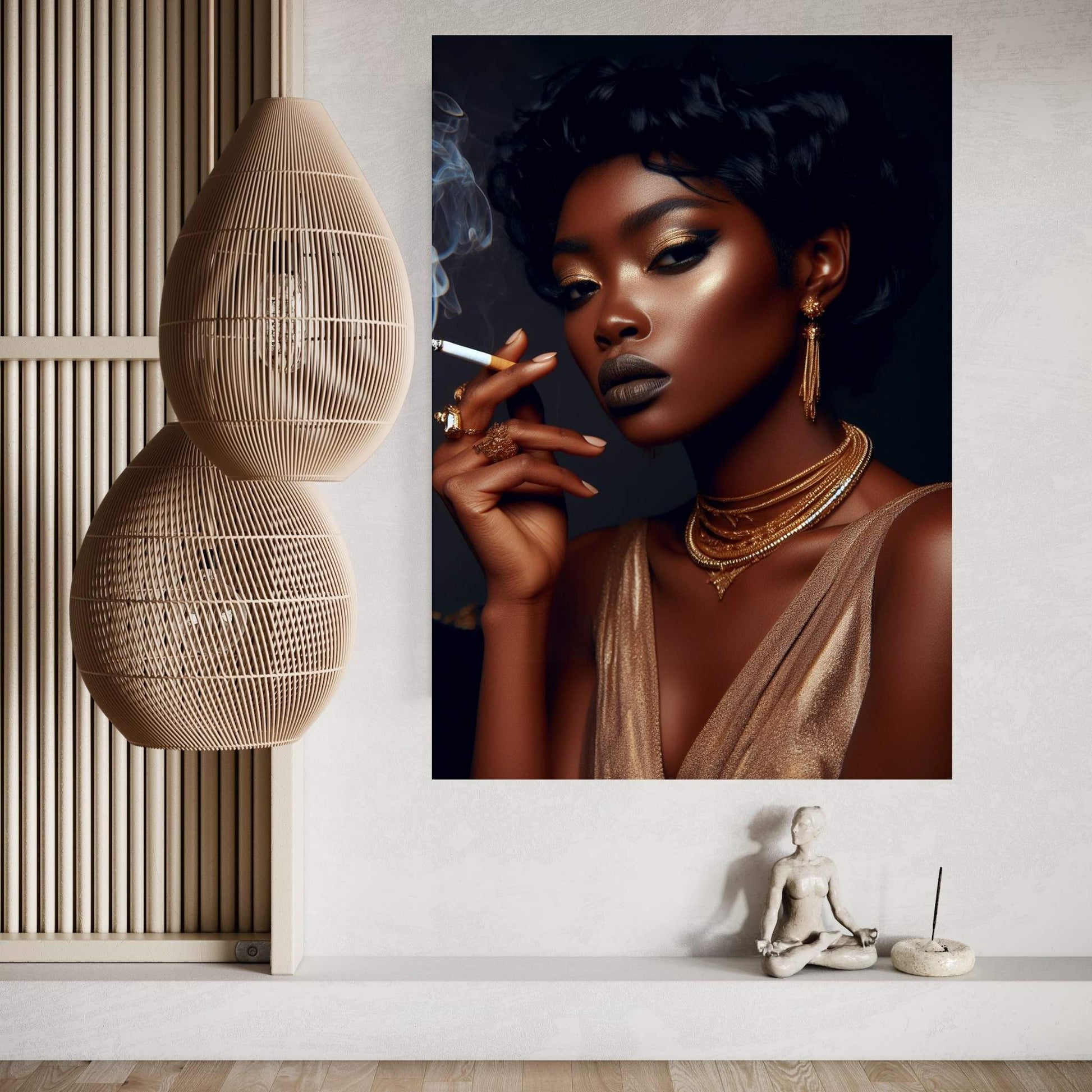 African Black Woman Gold Make-up Smoke Canvas Portrait Canvas Wall Art - Y Canvas