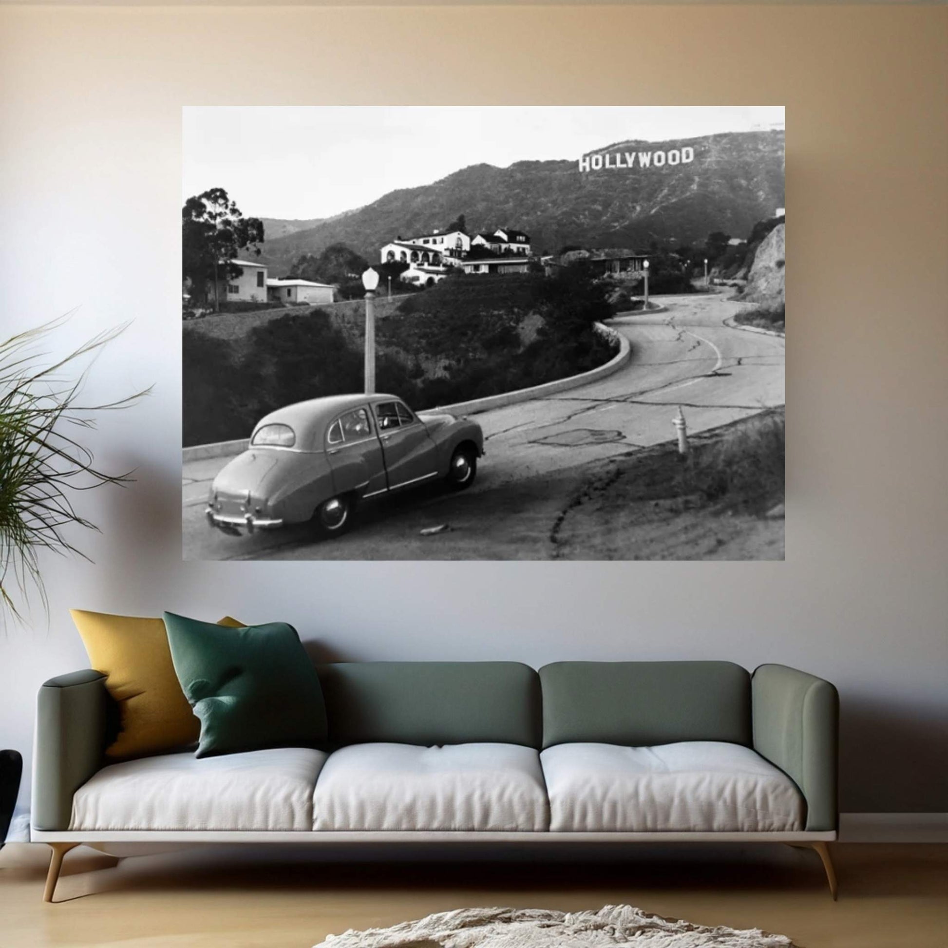 1950s Austin Car Driving Up The Hollywood Hills With Hollywood Sign In Distance Los Angeles Ca USA Canvas Wall Art - Y Canvas