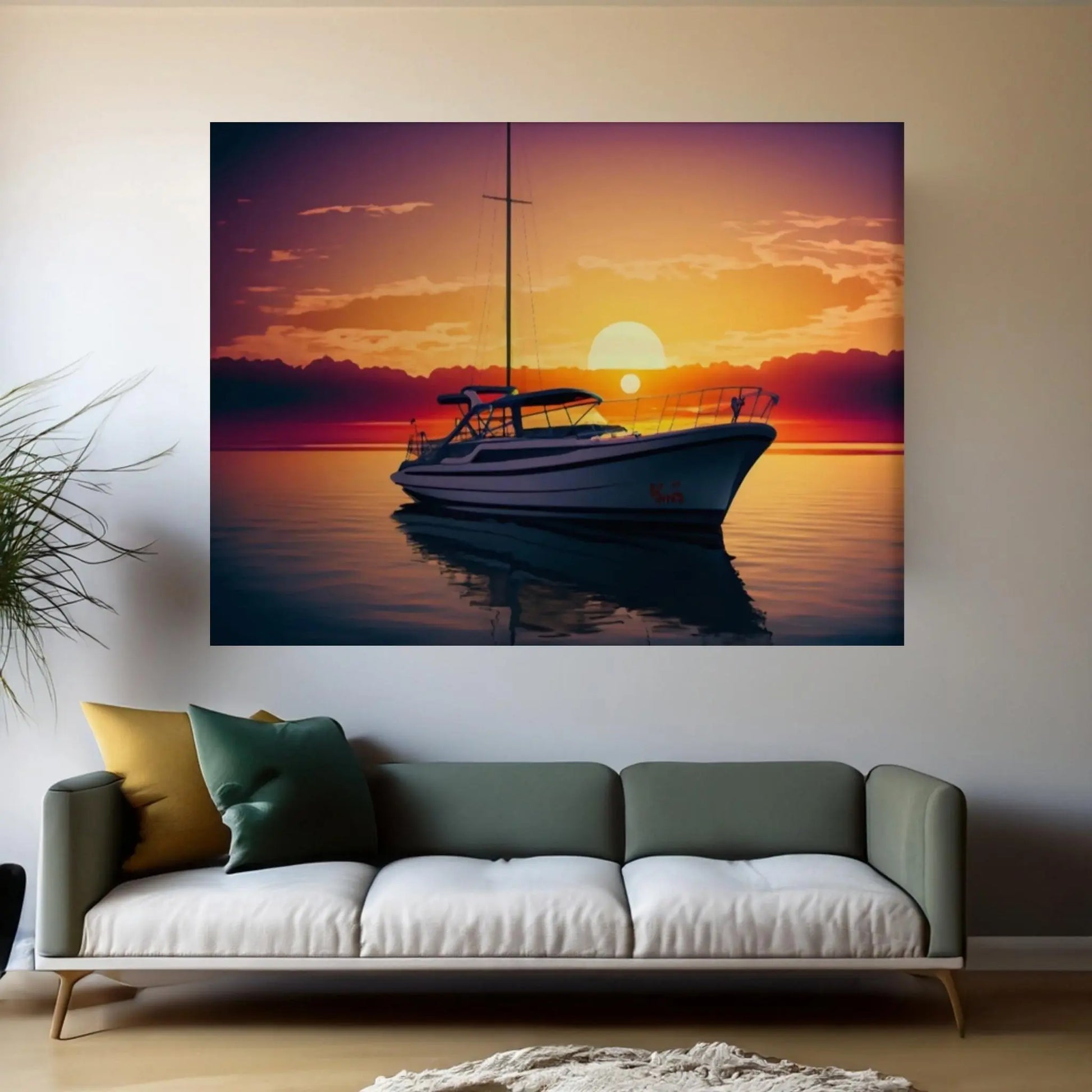 Sunset and Boat Canvas Wall Art, Home Decor Landscape Art Print - Y Canvas