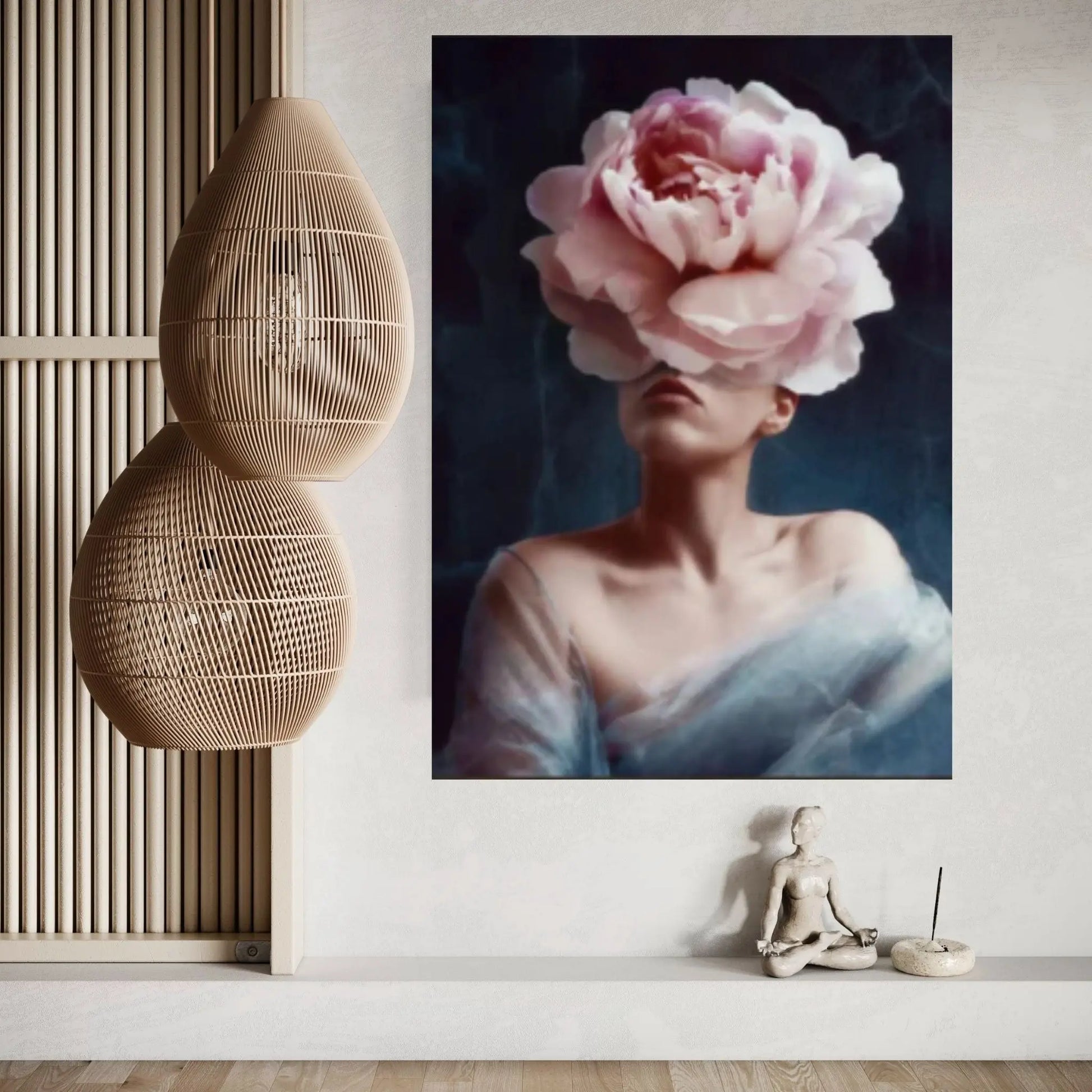 Dazzling Beauty: Woman Canvas with Pink Flower Head - Y Canvas