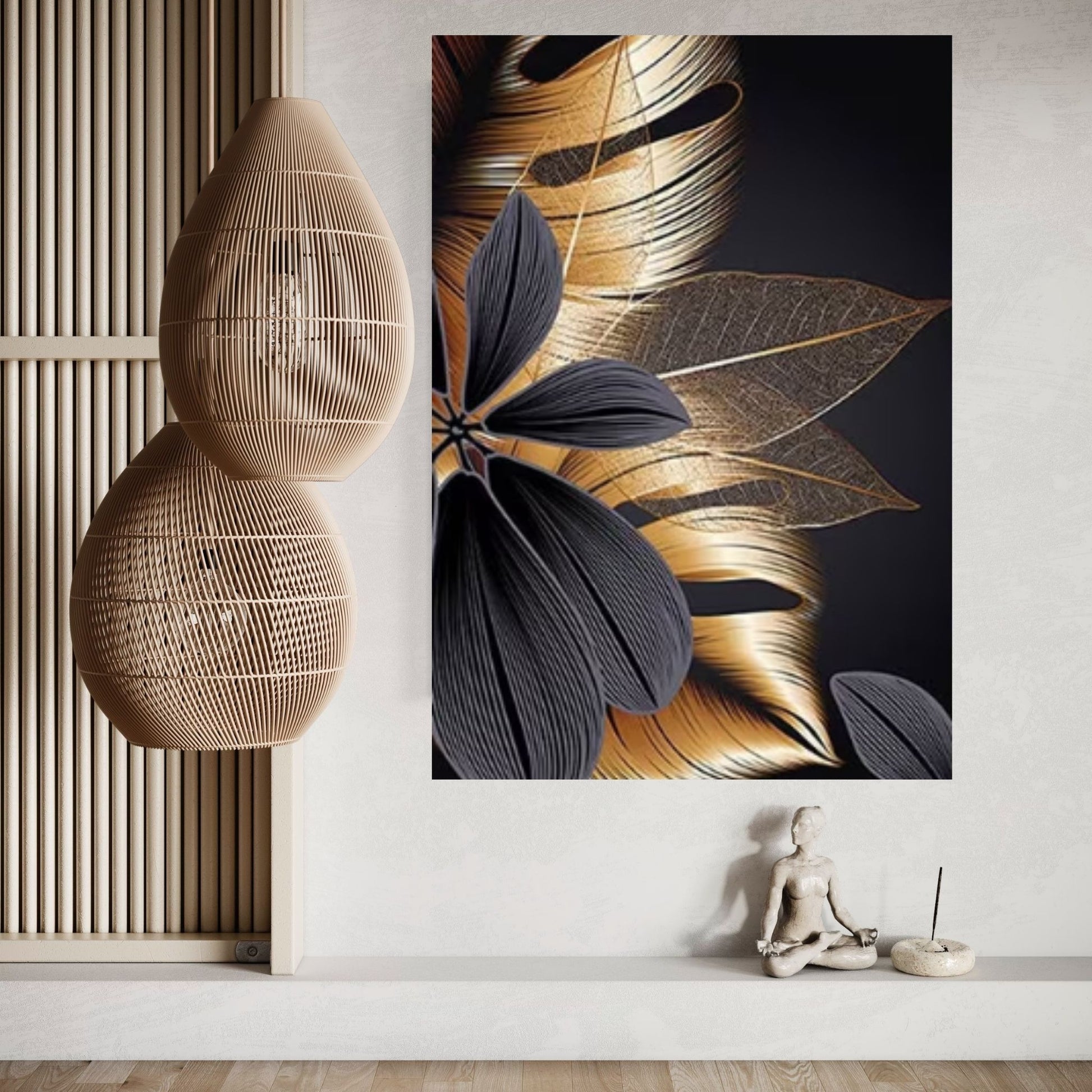 Art Painting Nordic Living Room Decoration, Black Golden Plant Leaf Canvas Poster - Y Canvas