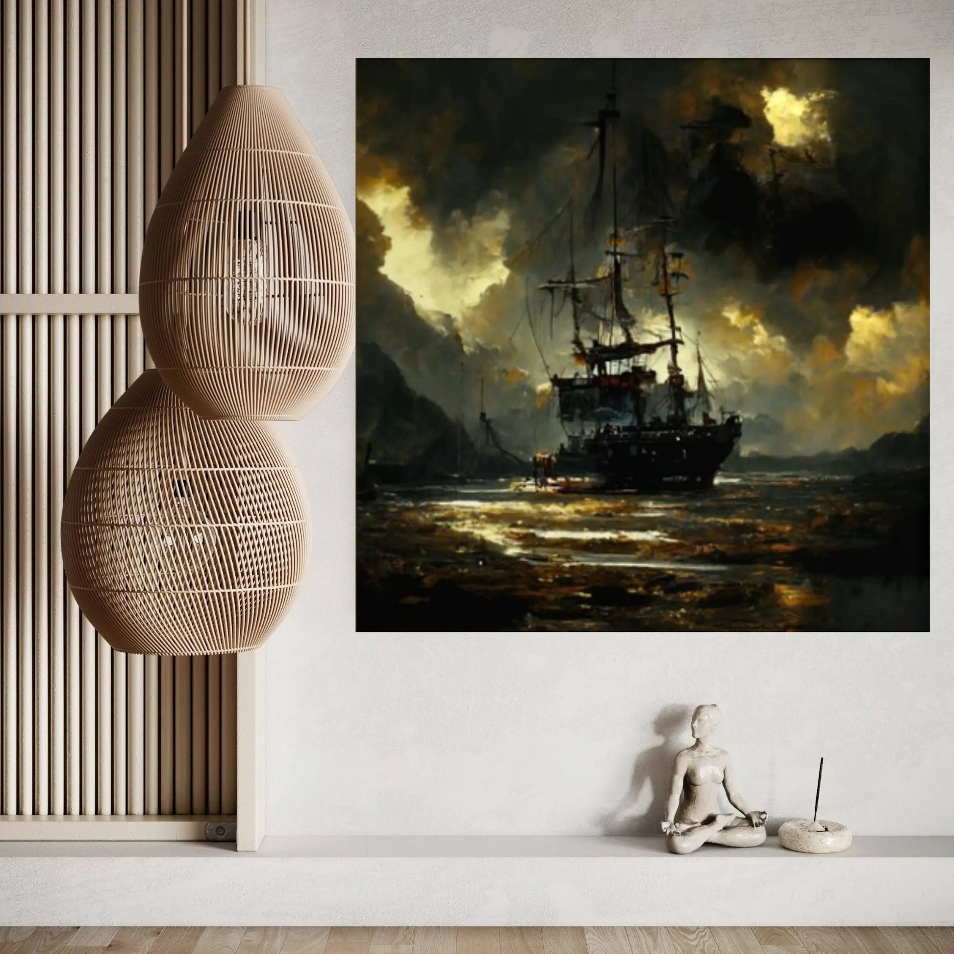 Large Dark Sea Pirates Ship Canvas Wall Art, Pirates Canvas Wall Print, Corsair on Sea Wall Hangings, Dark Colours Boat Room Decor - Y Canvas