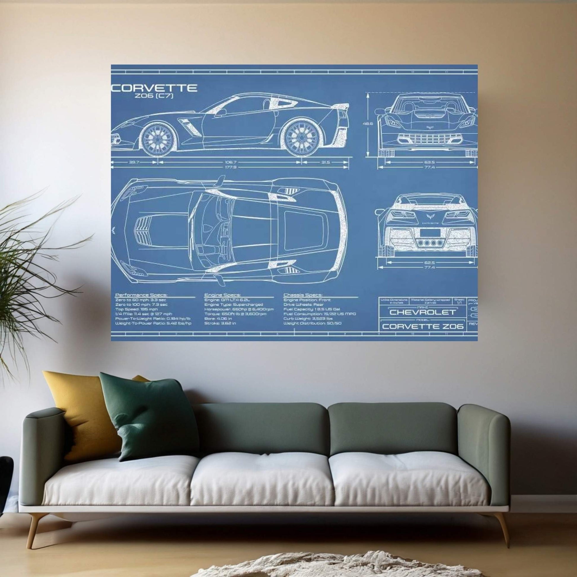 Corvette (C7) Z06 Blueprint Canvas Wall Art - Y Canvas