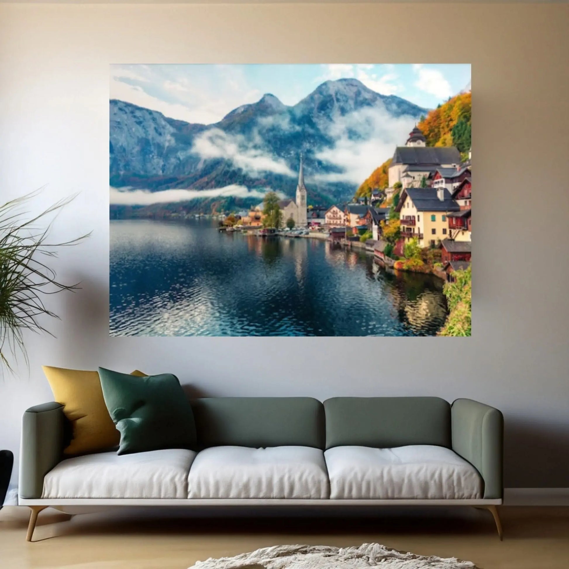 Austria Landscape Canvas Wall Art Misty autumn scene of Hallstatt Lake, Austria's mountainous Salzkammergut - Y Canvas