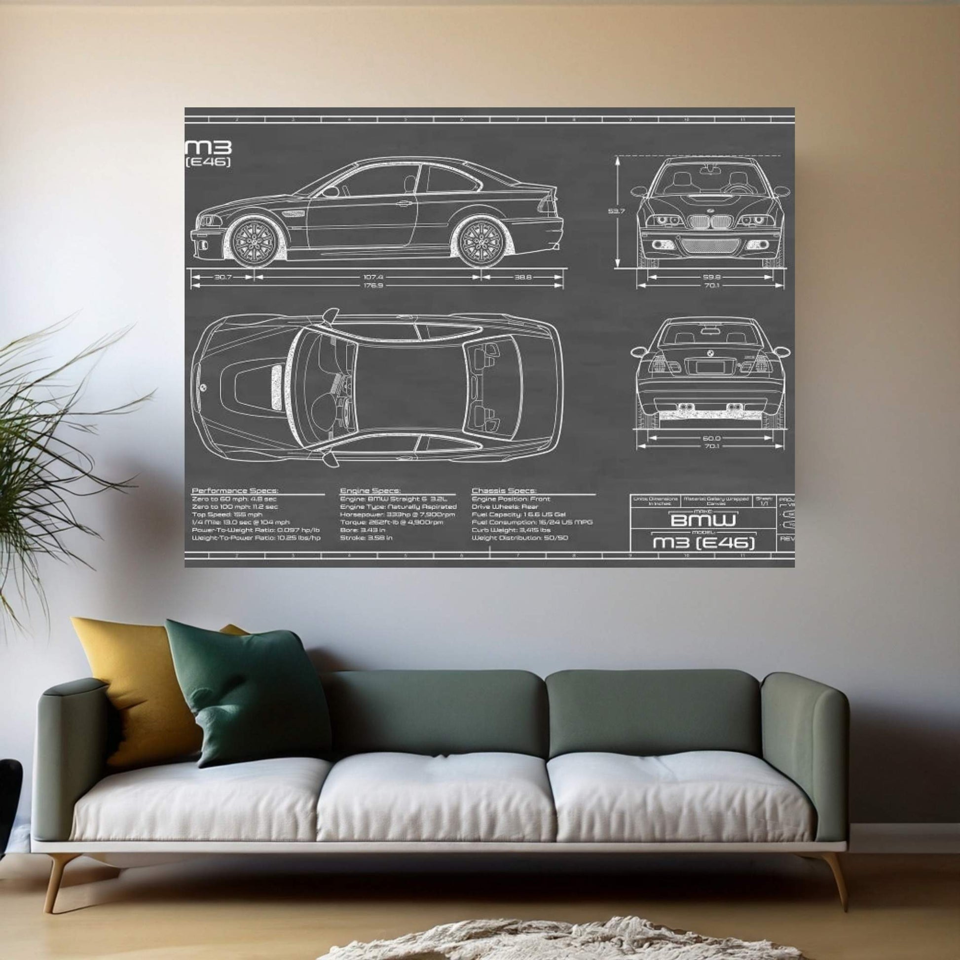 BMW M3 (E46) Black Canvas Wall Art - Y Canvas