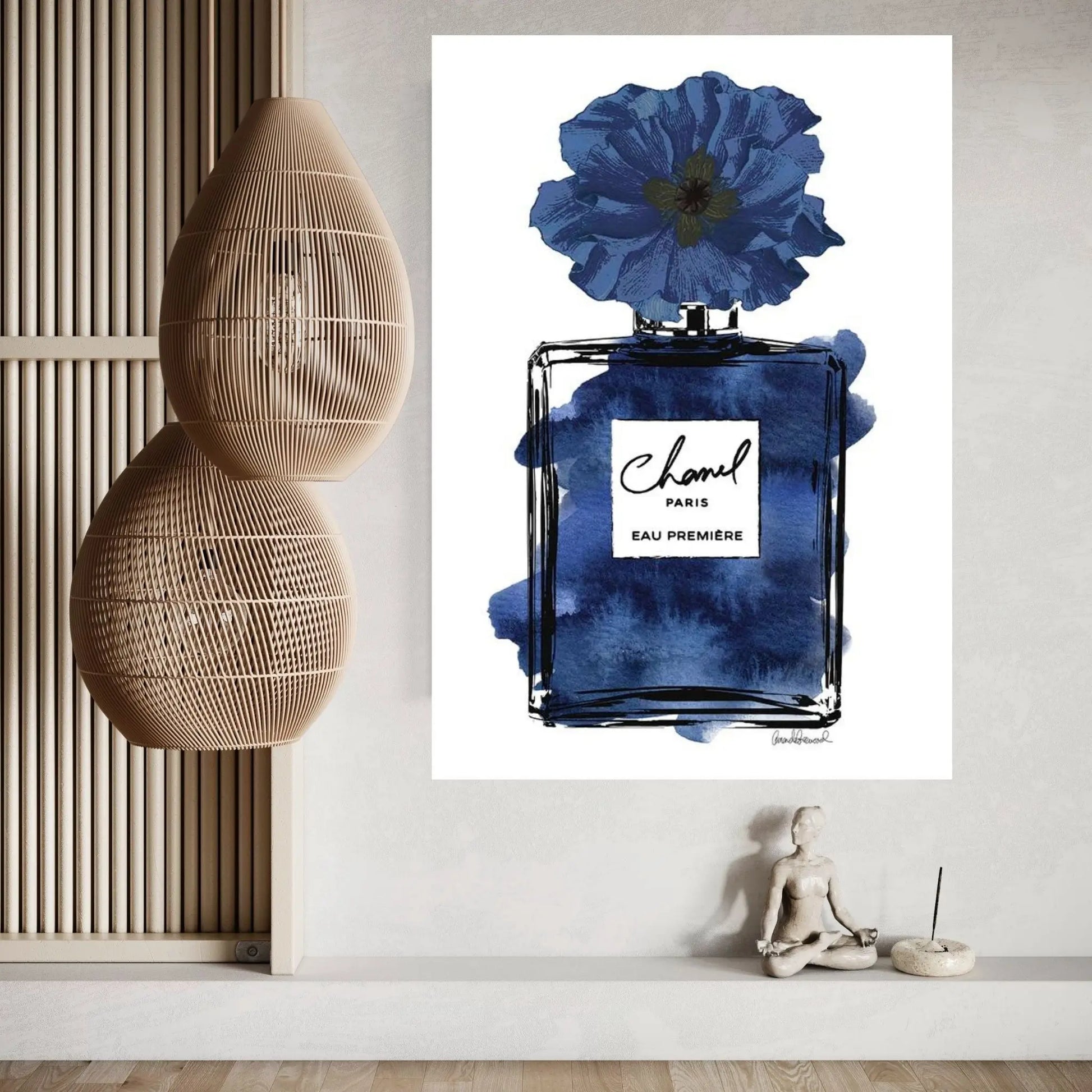 Perfume With Black & Blue Flower Canvas Wall Art - Y Canvas