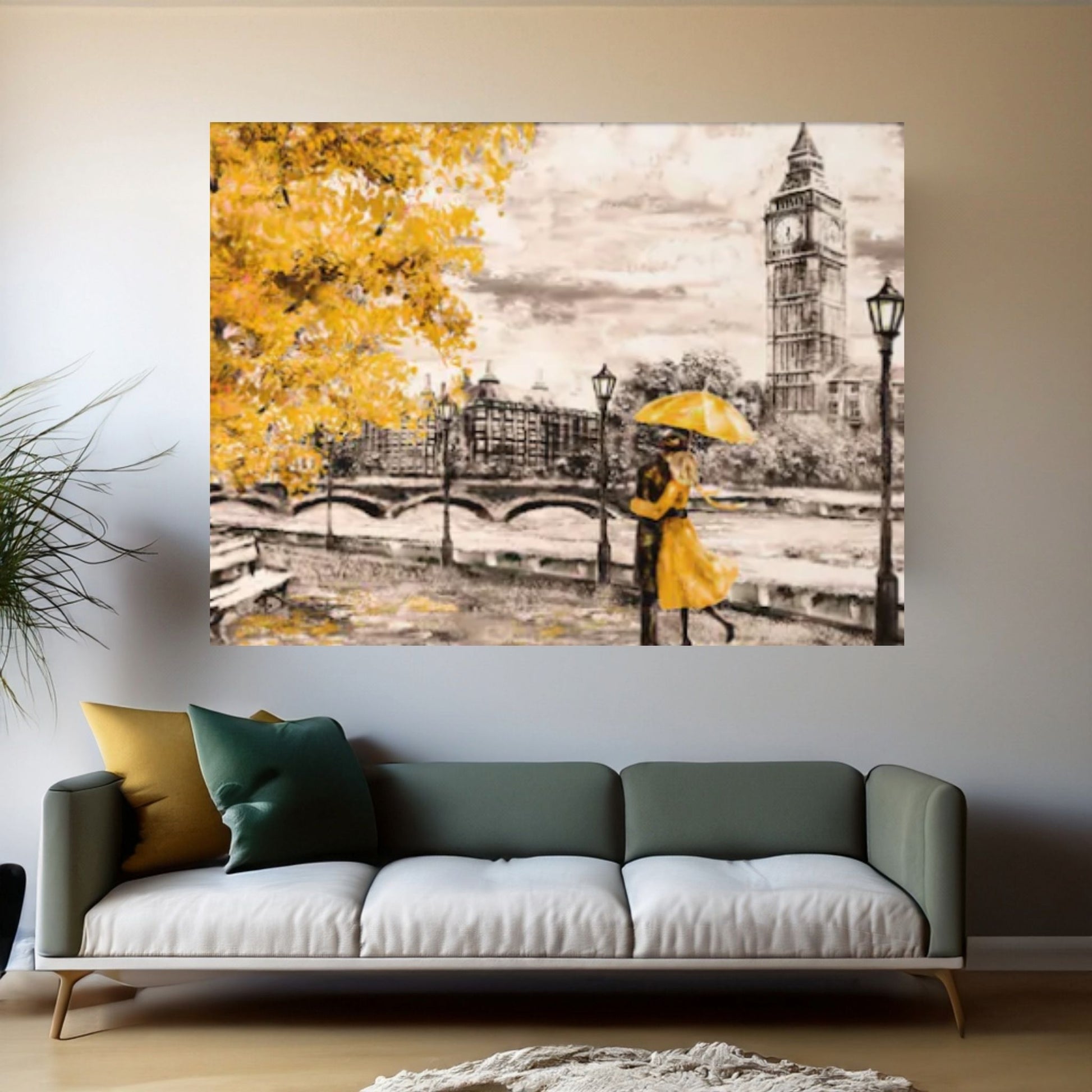 England Bridge illustration Man and woman under Yellow umbrella photo, London street Oil painting Canvas Wall Art - Y Canvas