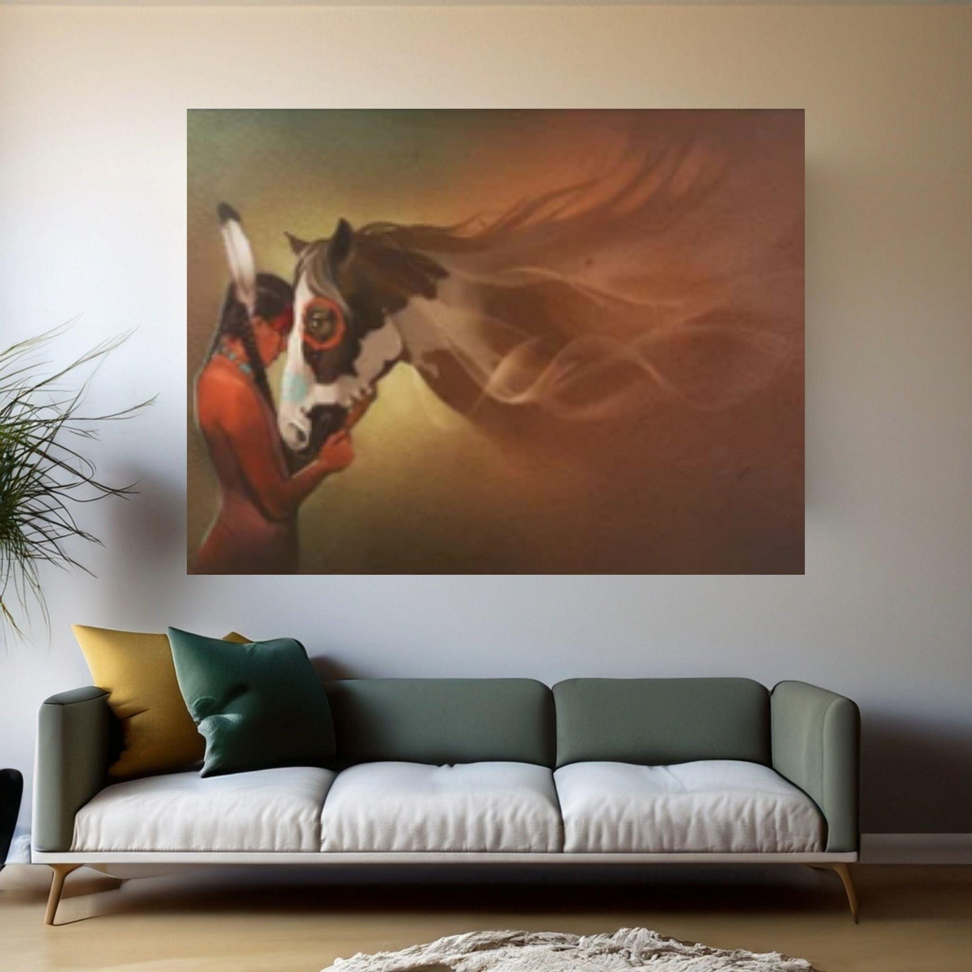 Indian Art Native American Girl and Horse Love Canvas Wall Art, Indian Decor Decorative Wall Art - Y Canvas