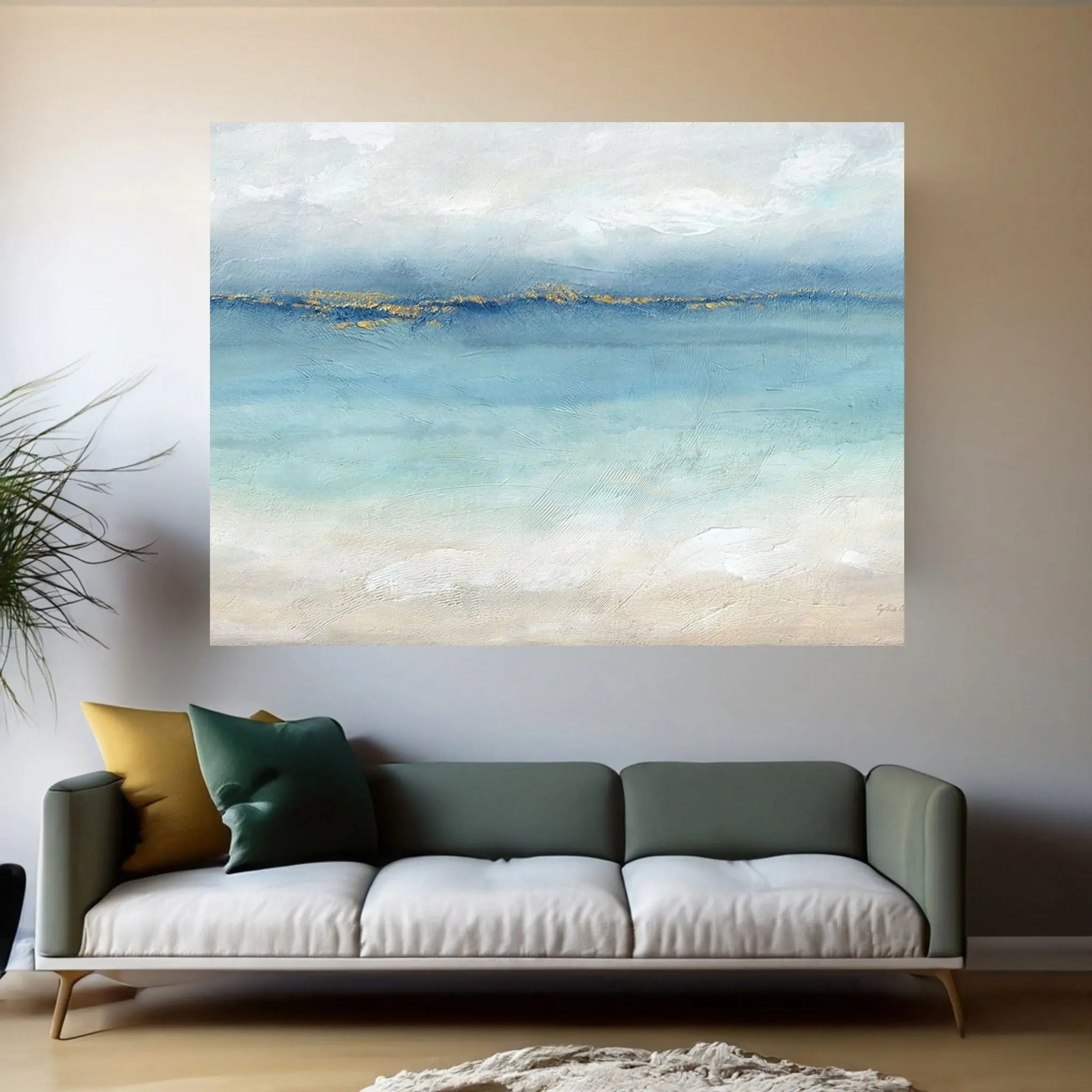 Serene Sea Grey Gold Landscape Canvas Wall Art - Y Canvas