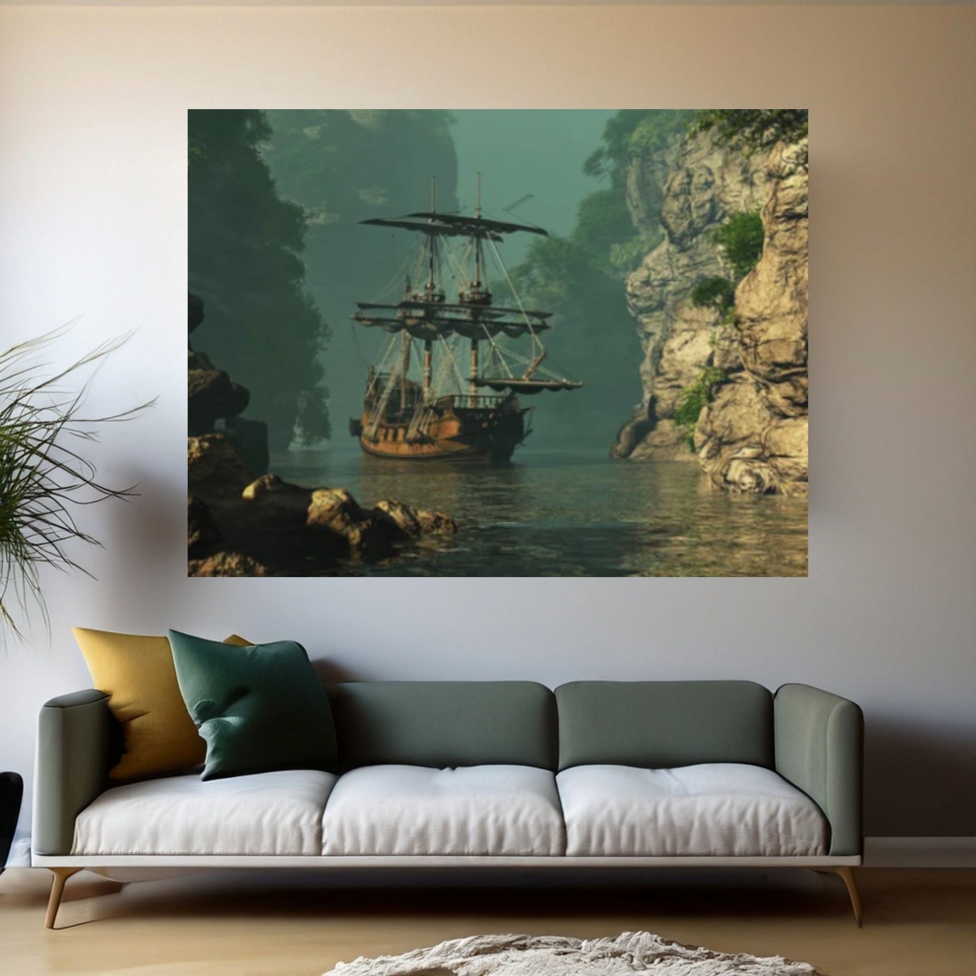 Sea Pirates Ship Canvas Wall Art, Pirates Canvas Wall Print, Corsair on Sea Wall Hangings, Dark Colours Boat Room Decor - Y Canvas