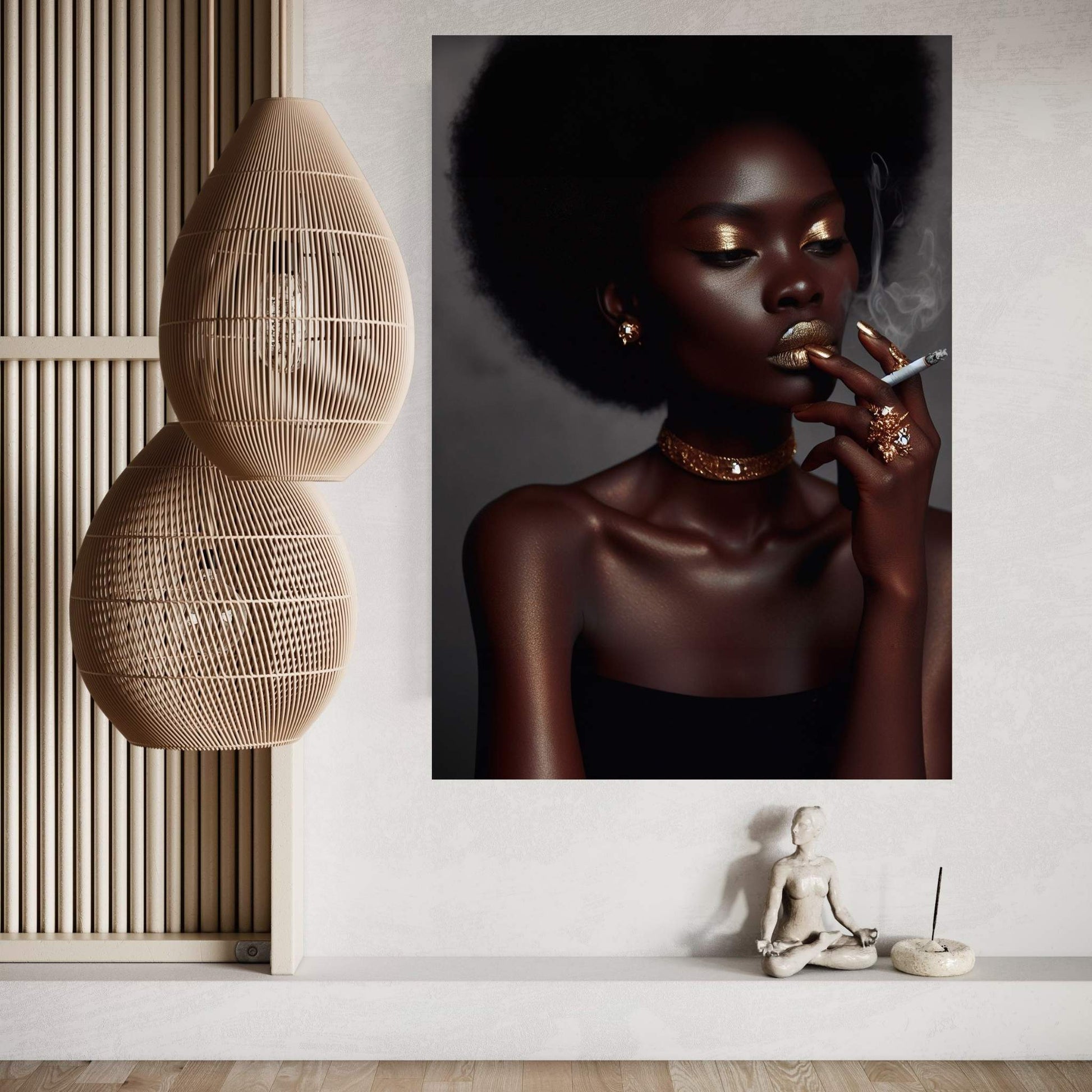 African Black Woman Gold Make-up Smoke Canvas Portrait Canvas Wall Art - Y Canvas