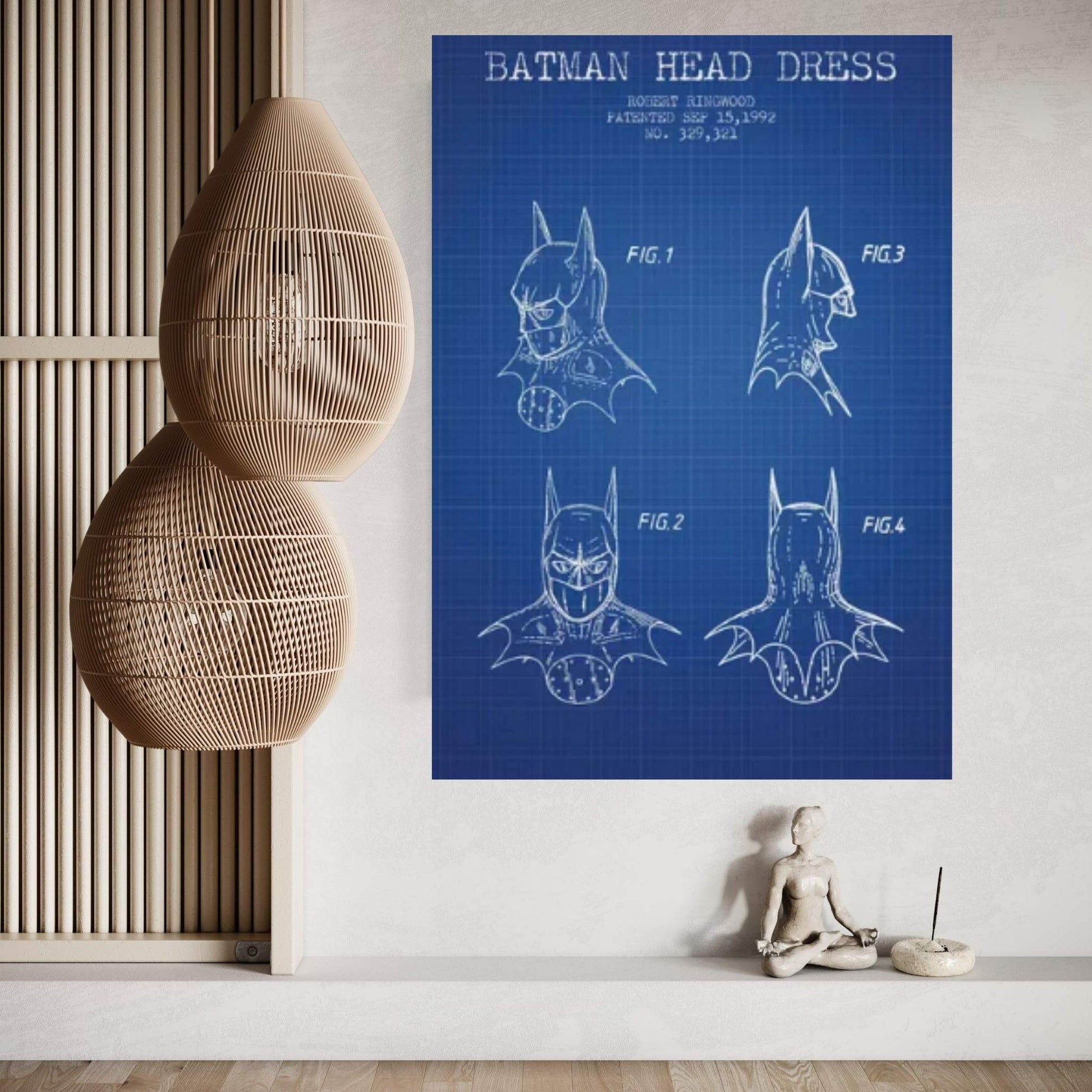 Robert Ringwood Batman Head Dress Patent Sketch (Blue Grid) Canvas Wall Art - Y Canvas