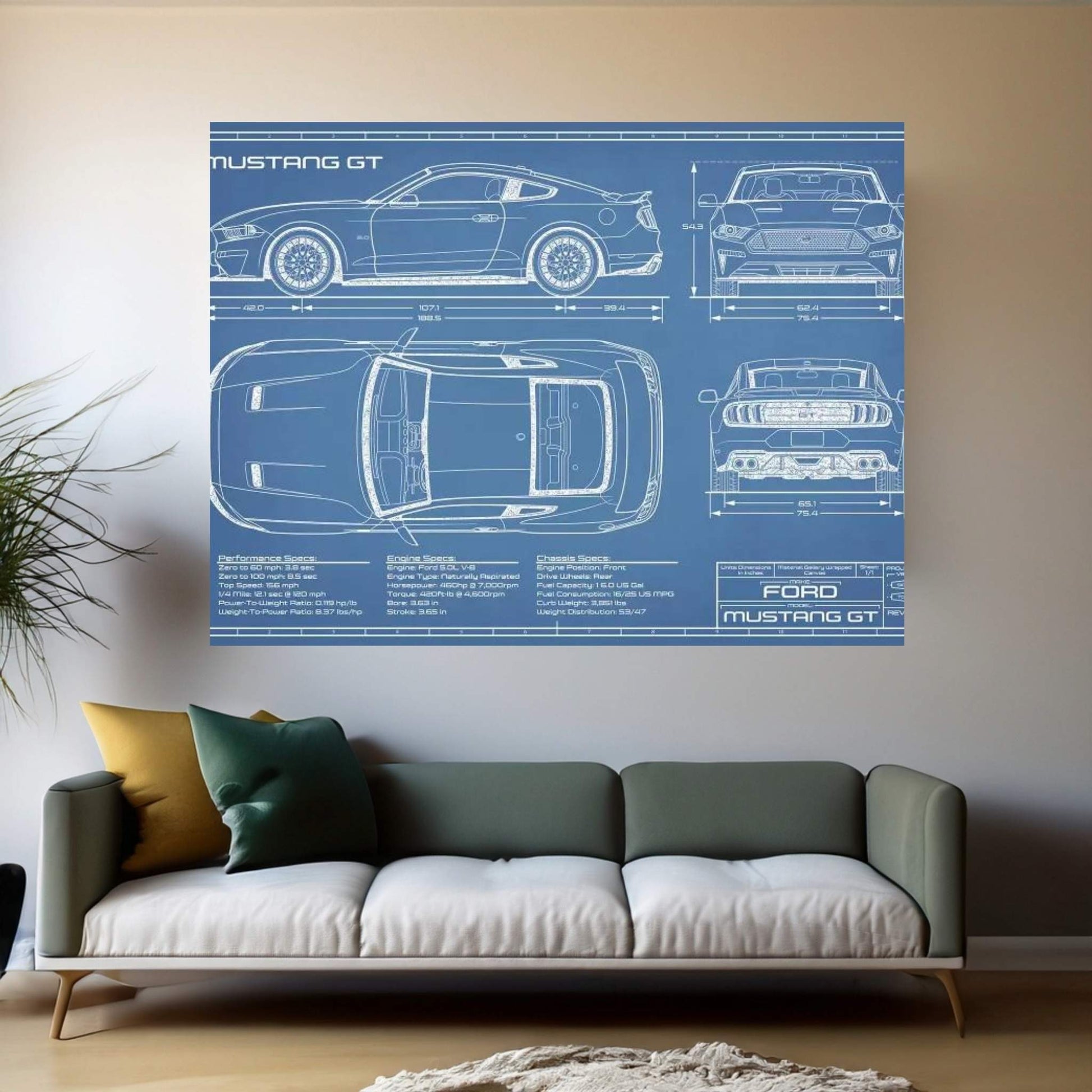 Mustang GT (2018-2020) Blueprint Canvas Wall Art - Y Canvas