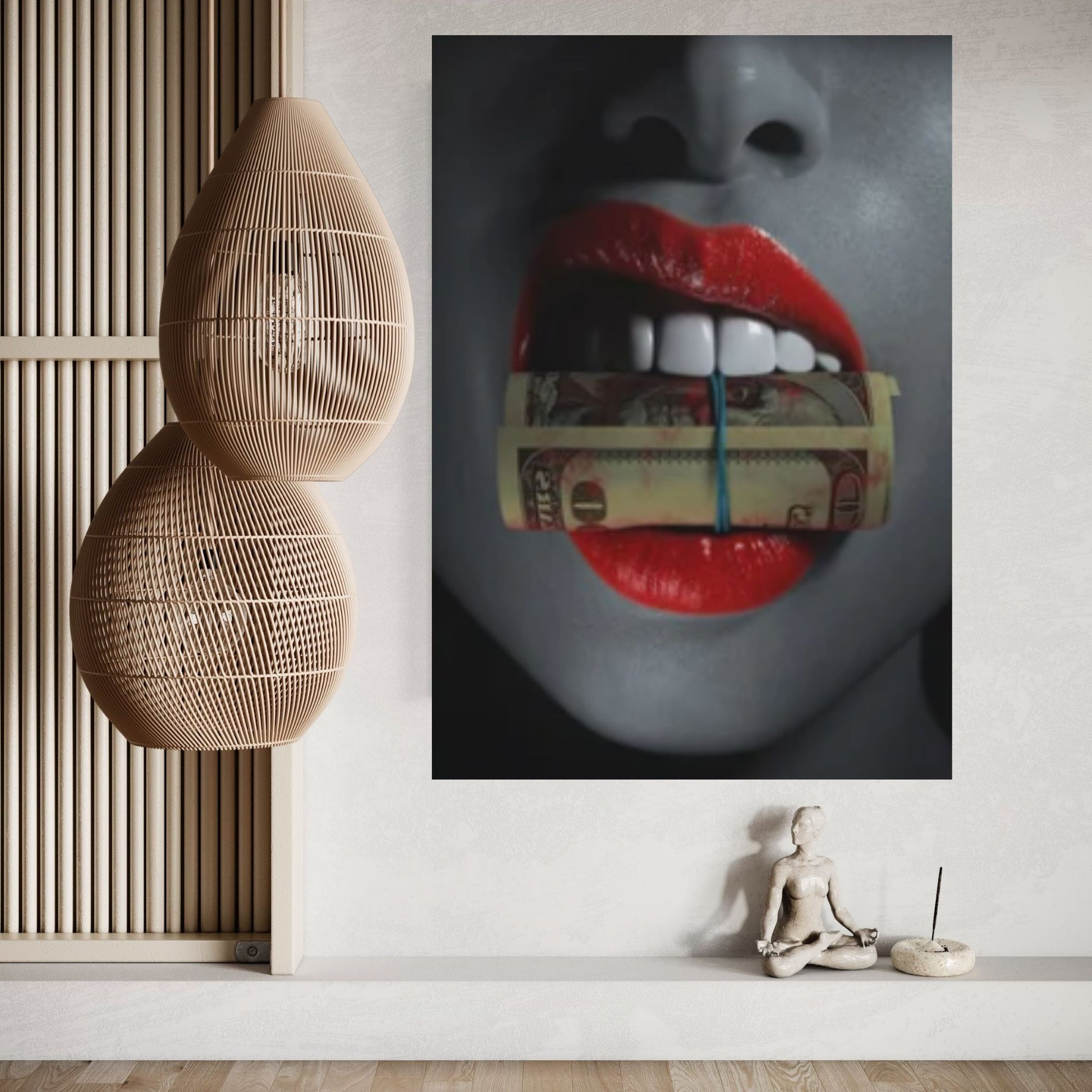 Red Lips Canvas Wall Art, Smoking Woman Room Decor, Money Cigar Between Lips Wall Hangings - Y Canvas