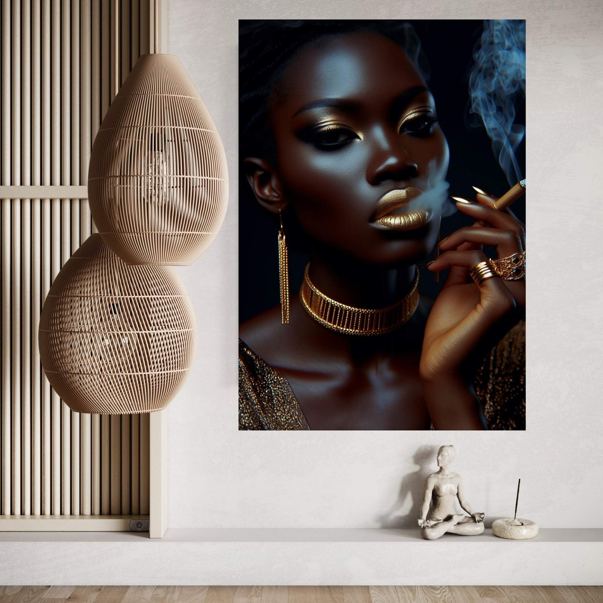 African Black Woman Gold Make-up Smoke Canvas Portrait Canvas Wall Art - Y Canvas