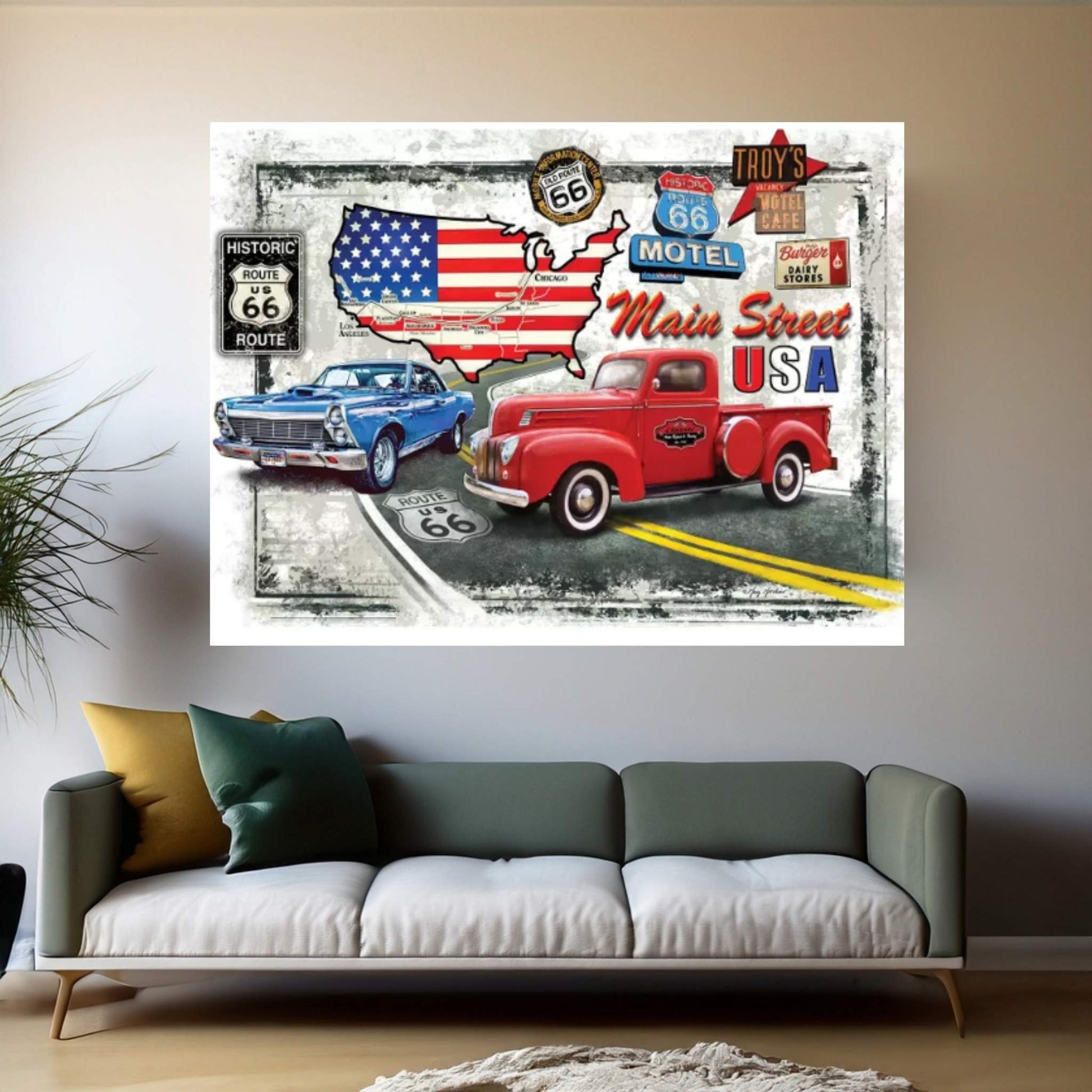 Nostalgic America Cars Canvas Wall Art - Y Canvas