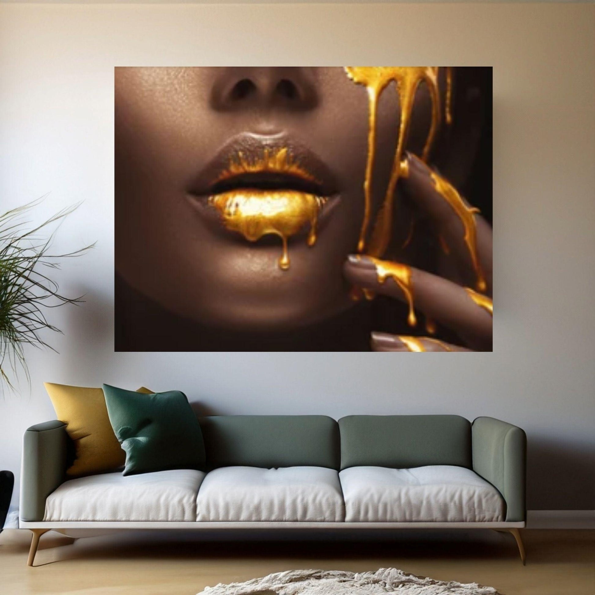 African American art, Black Woman print, African Wall Art, Fashion African Woman Gold Lips canvas - Y Canvas