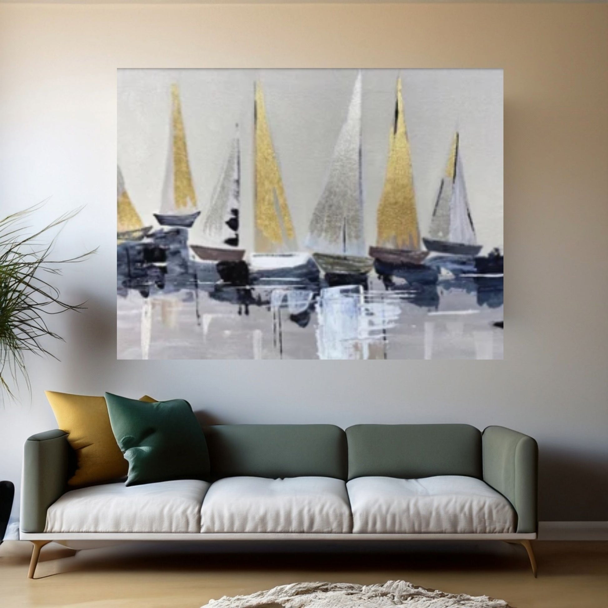 Original Sailboats Gather in The Harbor Landscape To Canvas Wall Art ,Nautical oil painting art on Canvas, Large Sailboat abstract painting - Y Canvas