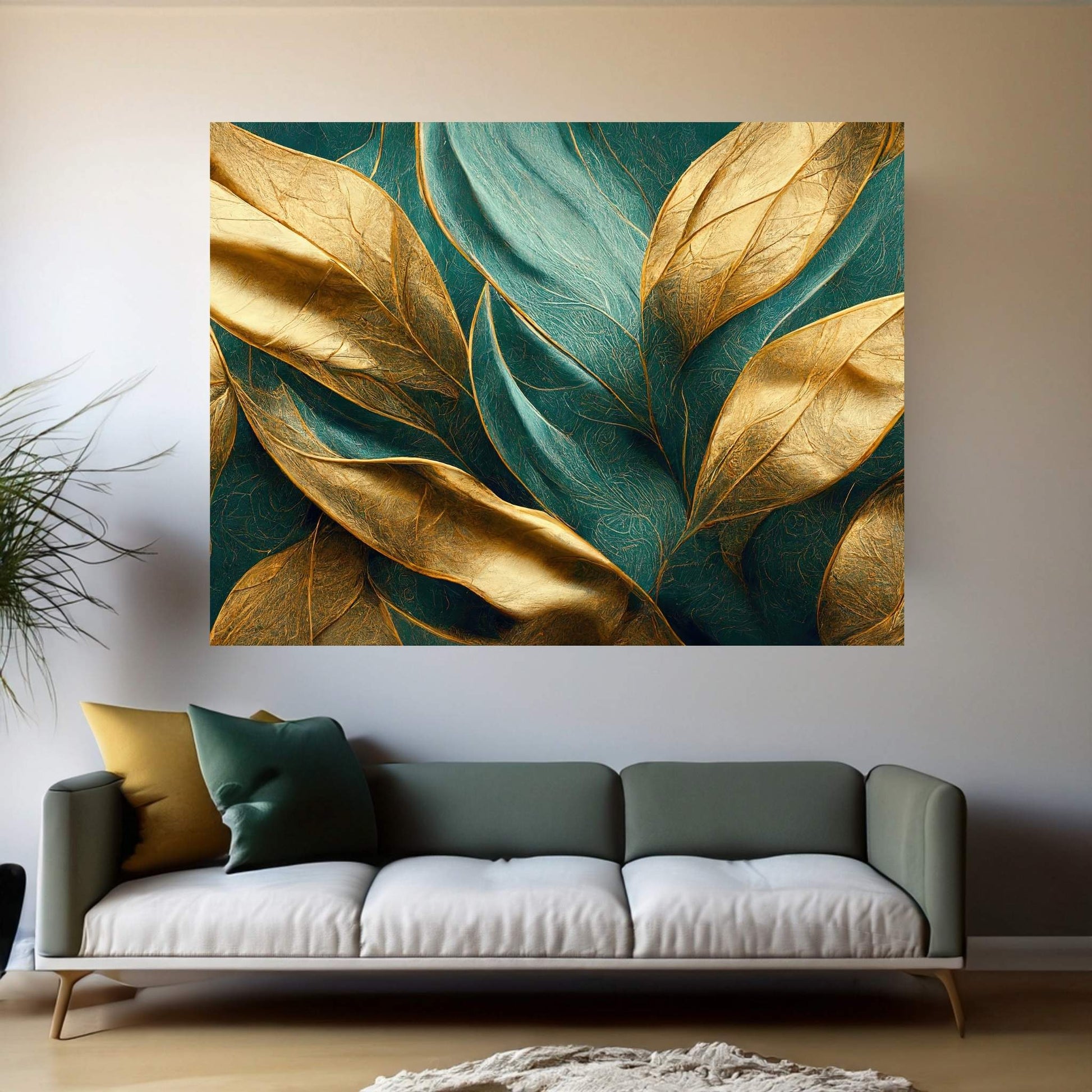 Abstract Yellow Gold Green Flower Leef Canvas Wall Art - Y Canvas