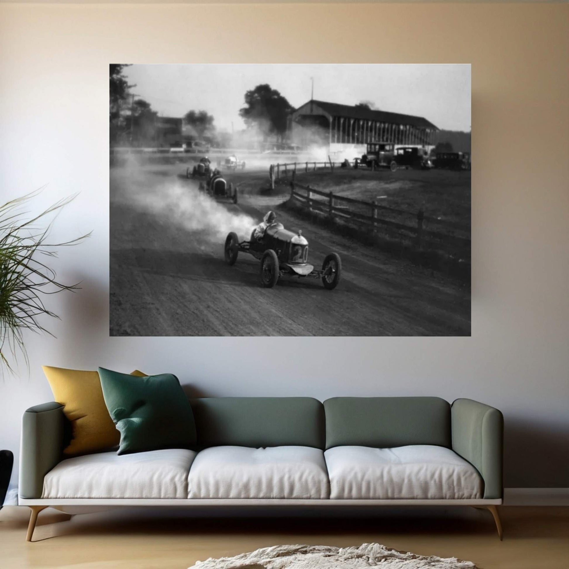 1930s Auto Race On Dirt Track With Cars Going Around Turn Kicking Up Dust Canvas Wall Art - Y Canvas