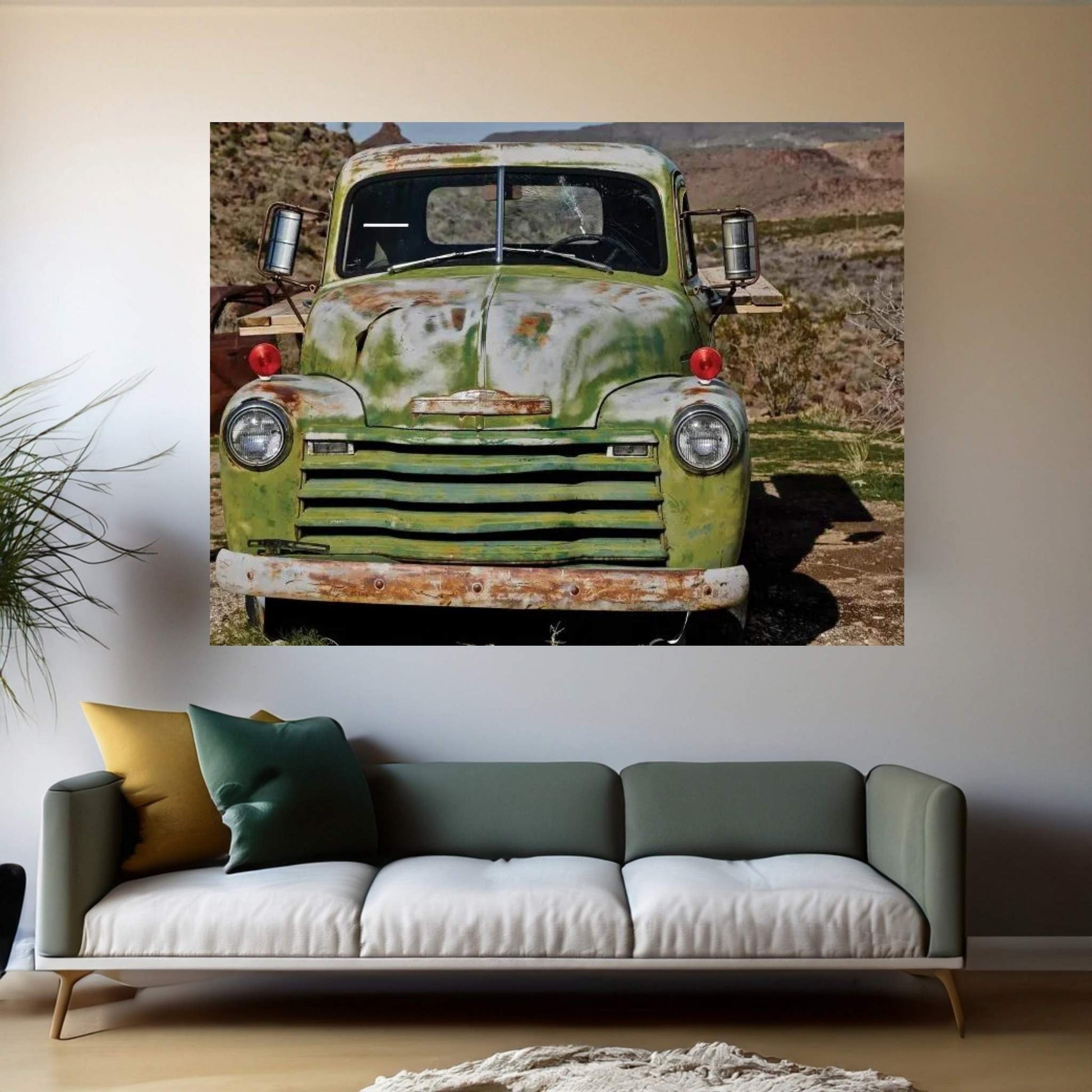 Green Chevorlet Route 66 Canvas Wall Art - Y Canvas