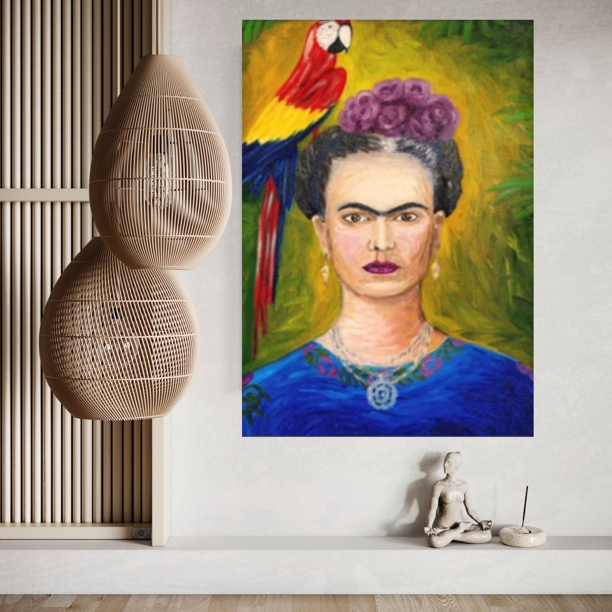 Frida Kahlo Art Canvas Wall Art, Holding a Cup of Tea & Cigarette Decoration - Y Canvas