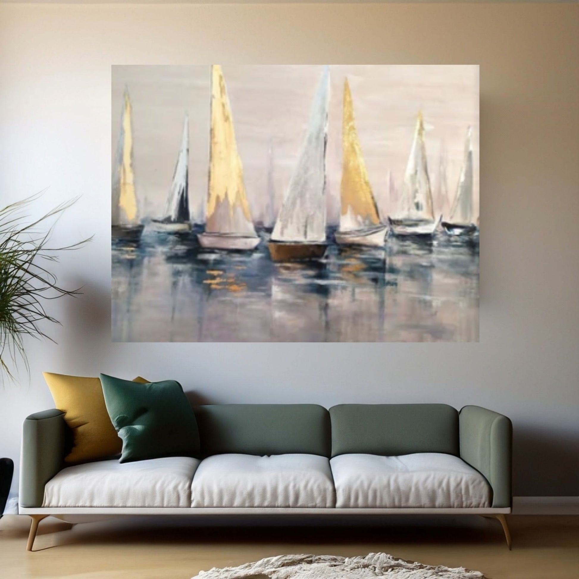 Original Sailboats Gather in The Harbor Landscape To Canvas Wall Art ,Nautical oil painting art on Canvas, Large Sailboat abstract painting - Y Canvas