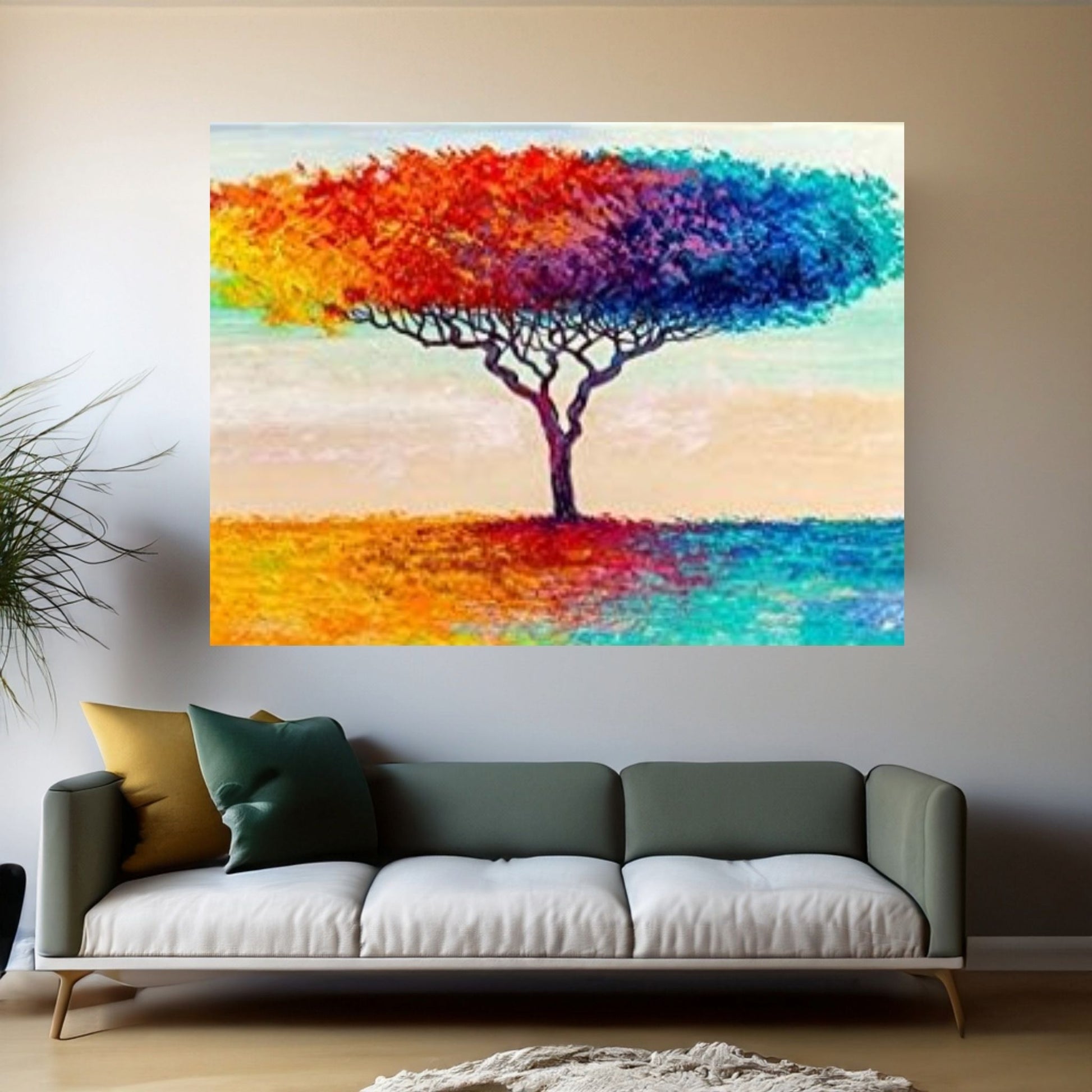 Colorful Tree Oil Painting On Canvas, Red & Blue Tree Wall Art, Custom Canvas Wall Art, Textured Wall Art - Y Canvas