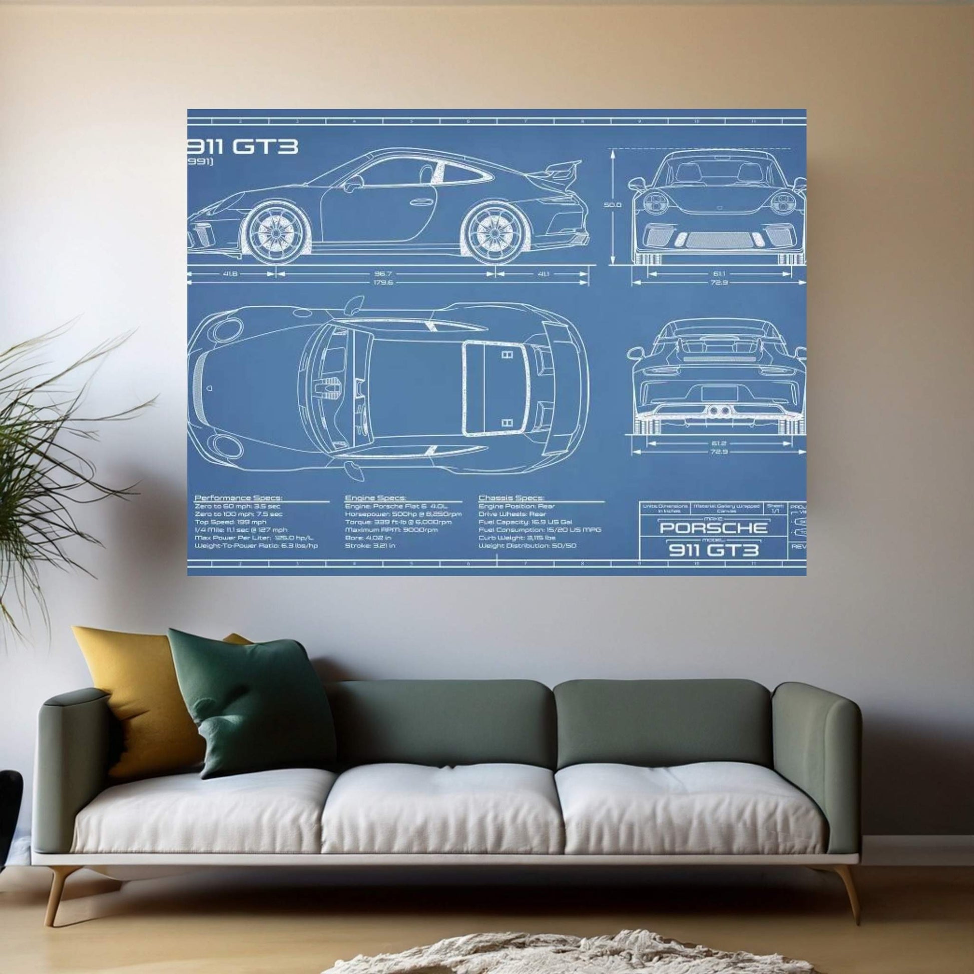 Porsche 911 GT3 (991) Blueprint Canvas Wall Art - Y Canvas