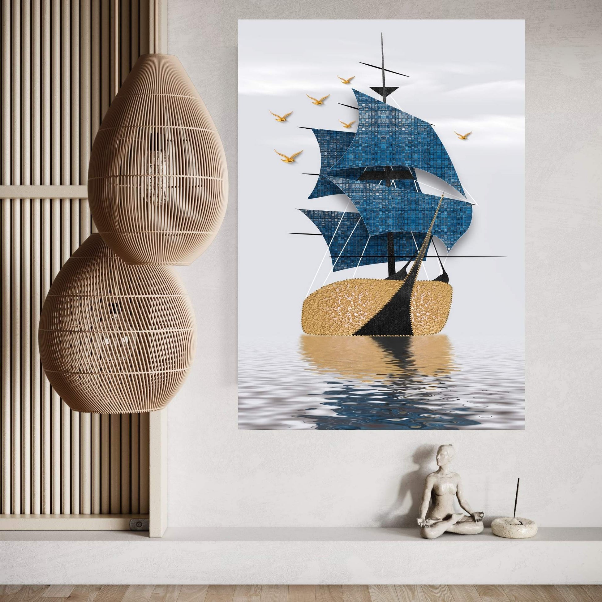 Blue Gold Boat, Ship Landscape, Birds, Sea Canvas Wall Art Print - Y Canvas