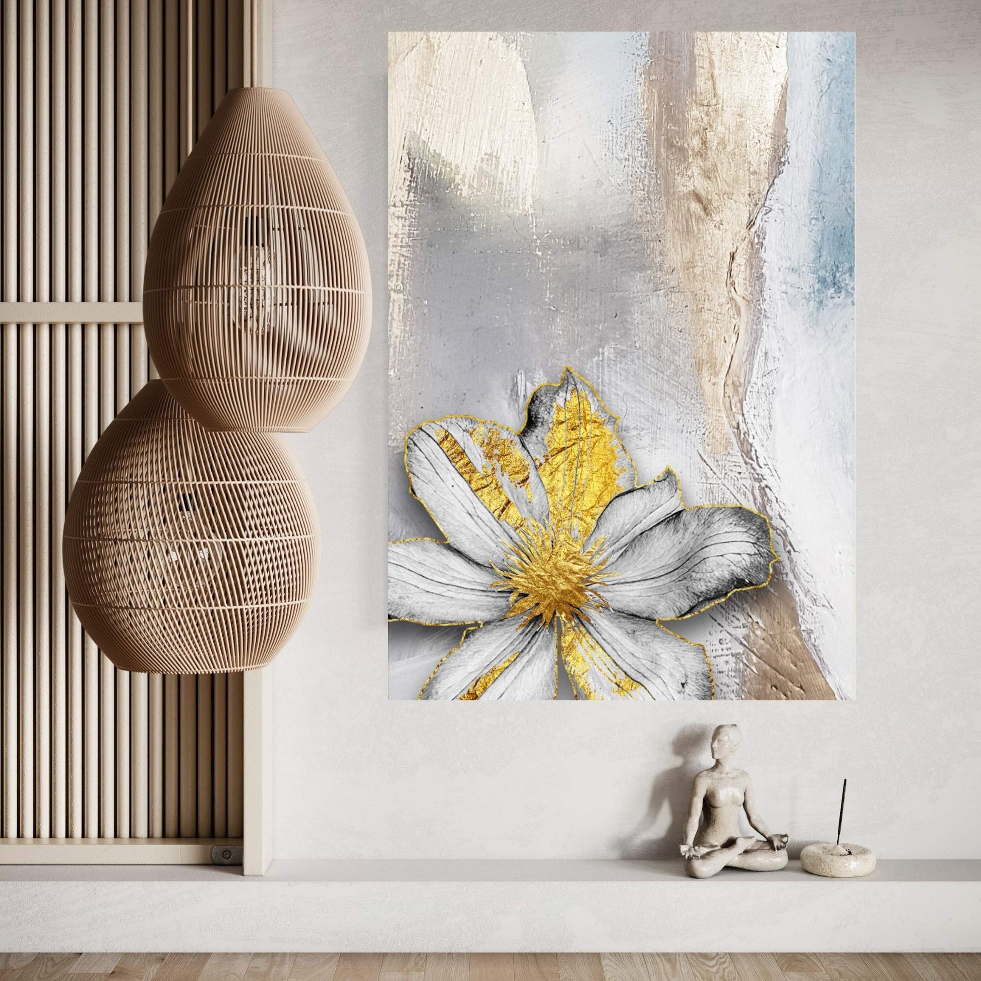 White Flower with Gold Detail Modern Abstract Canvas Wall Art - Y Canvas