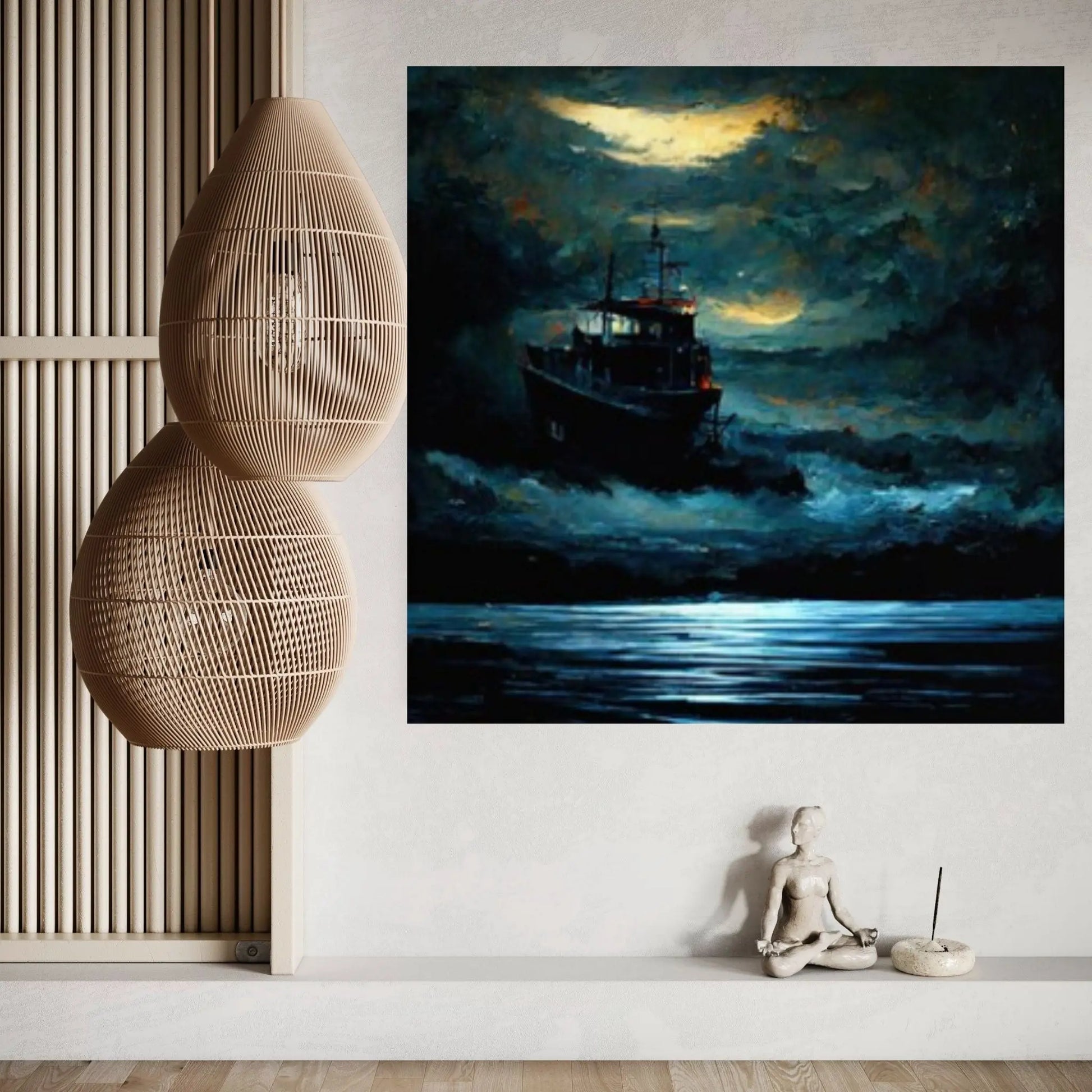 Large Dark Sea Pirates Ship Canvas Wall Art, Pirates Canvas Wall Print, Corsair on Sea Wall Hangings, Dark Colours Boat Room Decor - Y Canvas