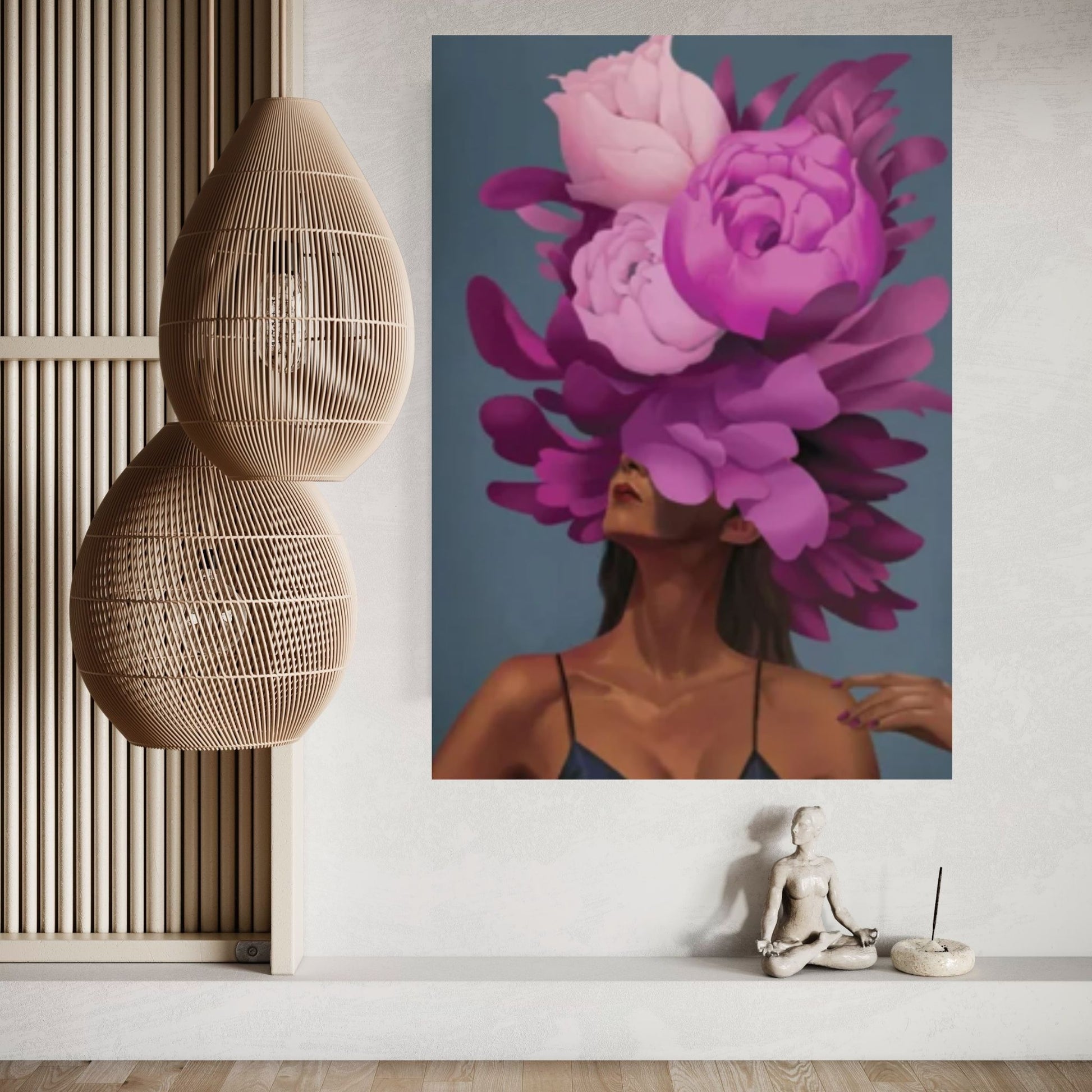 Purple Floral Woman Canvas Art, Blue Bird And Woman Wall Art, Woman with Flower and Bird Head - Y Canvas