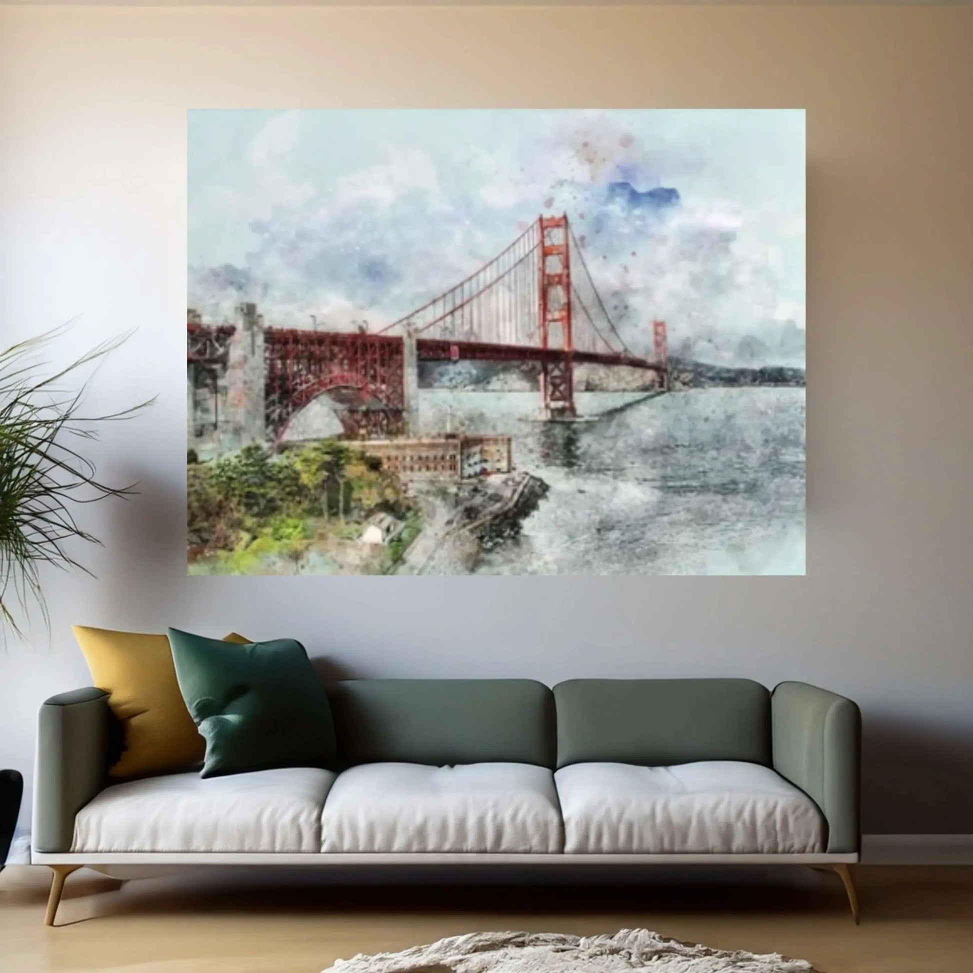 Wonderful Golden Gate Bridge Drawing Effect Canvas Painting Decor, Sea and Bridge Views Poster, San Francisco City - Y Canvas