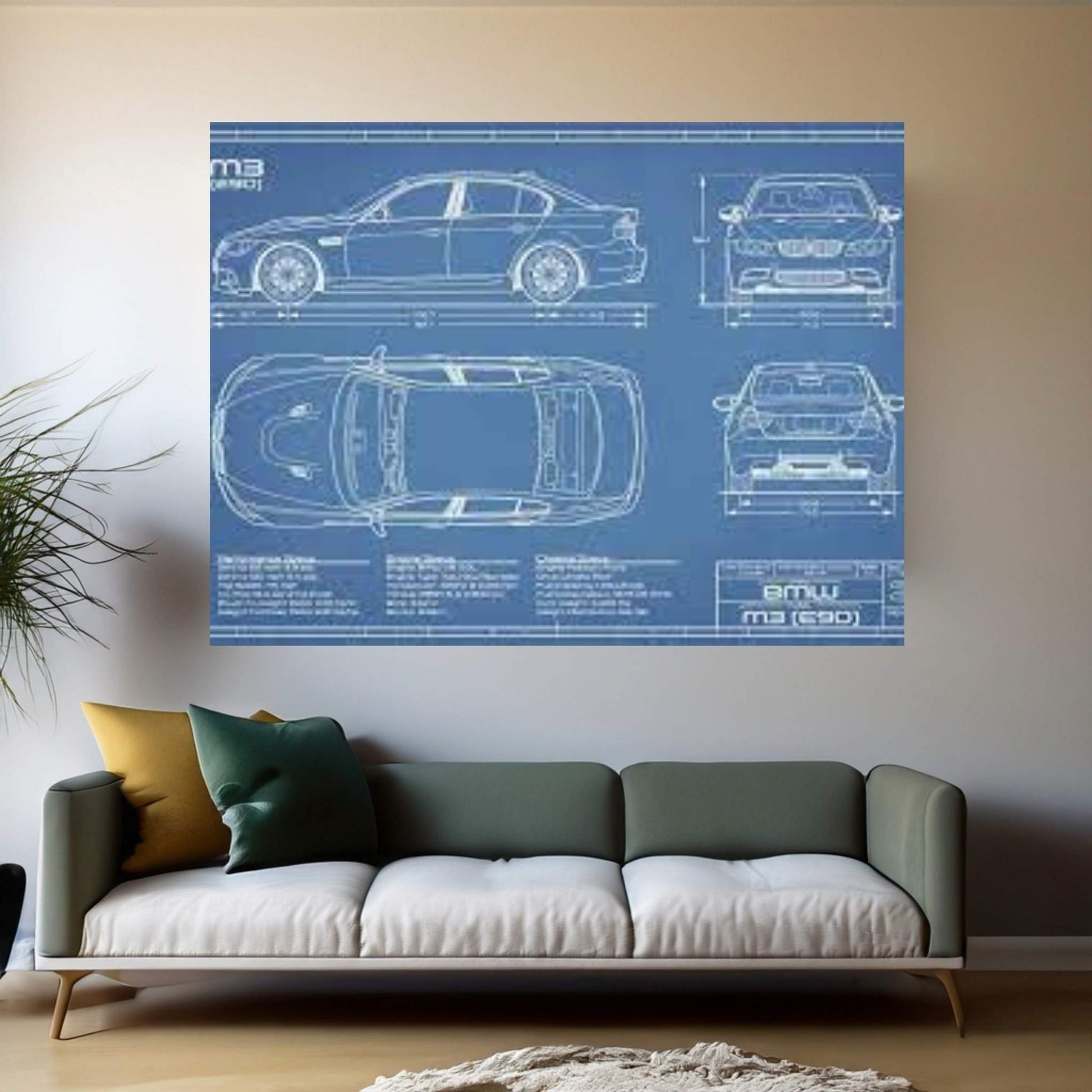 BMW M3 (E90) Blueprint Canvas Wall Art - Y Canvas