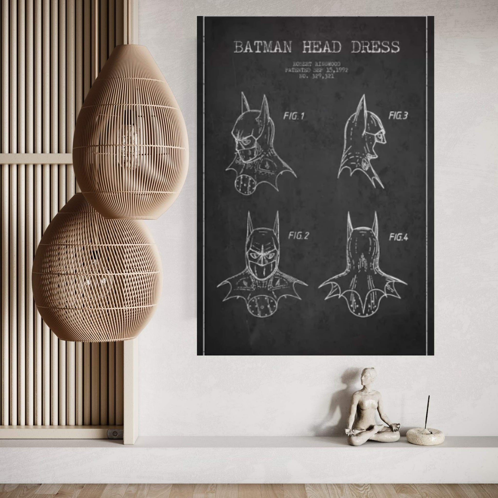 Robert Ringwood Batman Head Dress Patent Sketch (Charcoal) Canvas Wall Art - Y Canvas