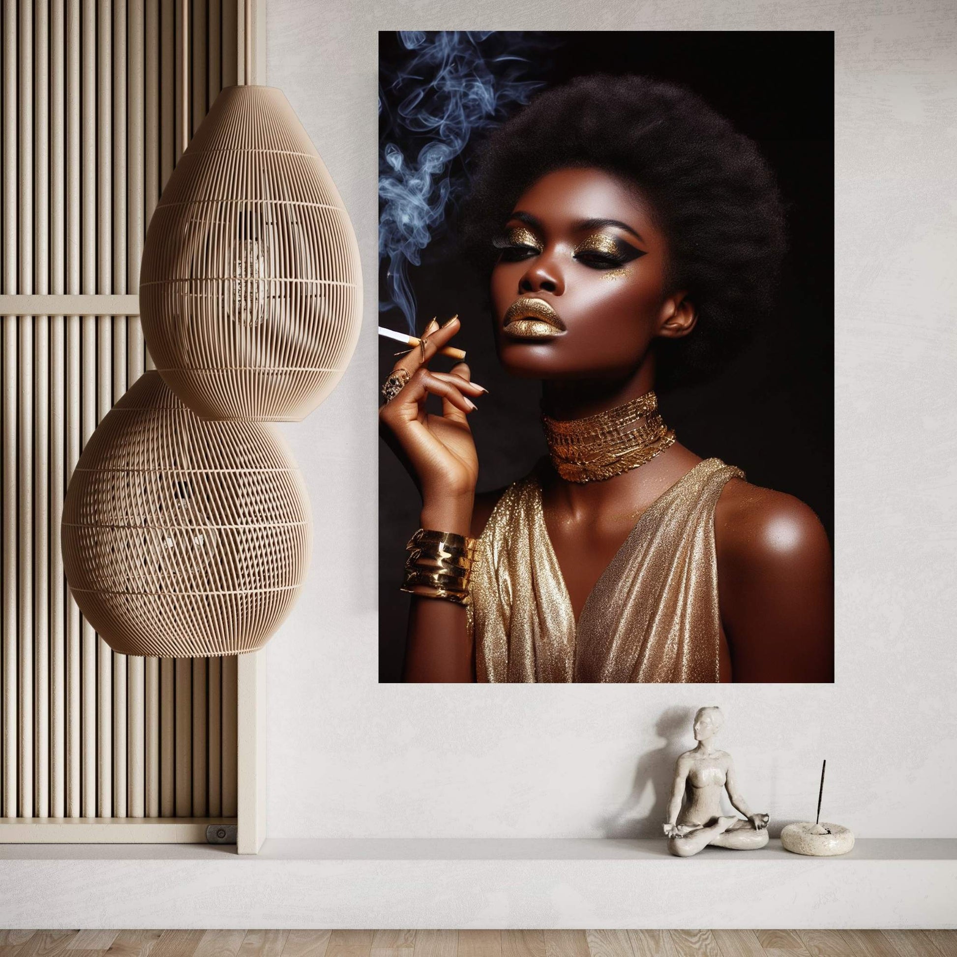 African Black Woman Gold Make-up Smoke Canvas Portrait Canvas Wall Art - Y Canvas