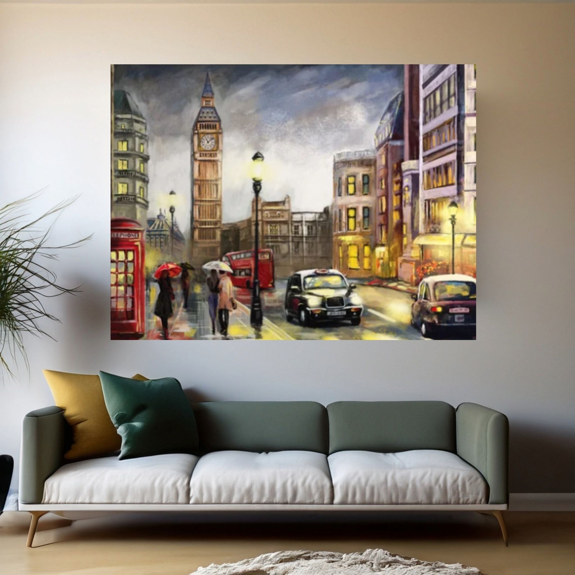 Romantic England London Couple Red Umbrella Canvas Wall Art, London Oil Effect Canvas Art - Y Canvas