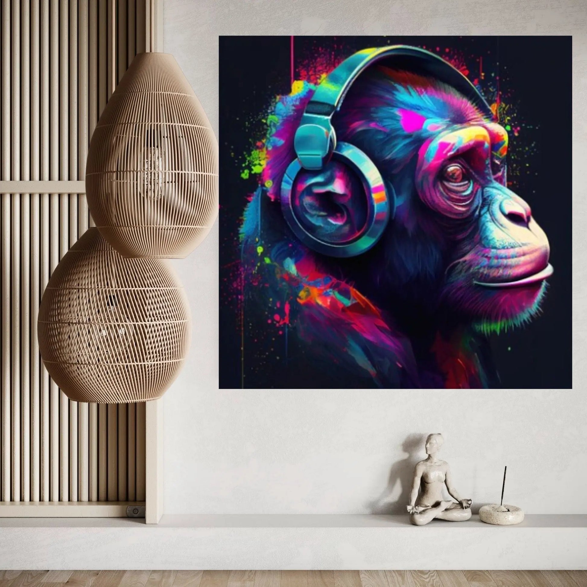 Monkey Headphones Canvas Wall Art, Abstract Decor, Monkey Decor, Monkey DJ, Banksy Monkey - Y Canvas