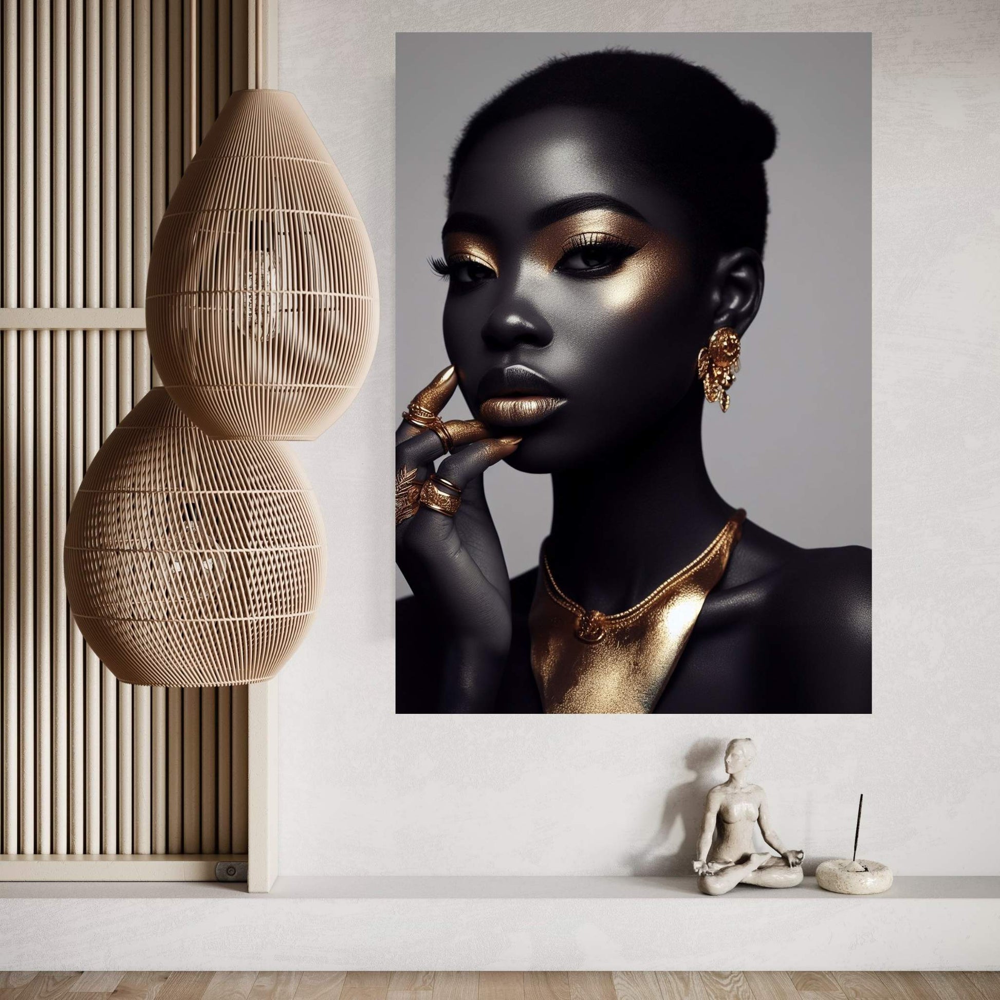 African Black Woman Gold Make-up Canvas Portrait Canvas Wall Art - Y Canvas