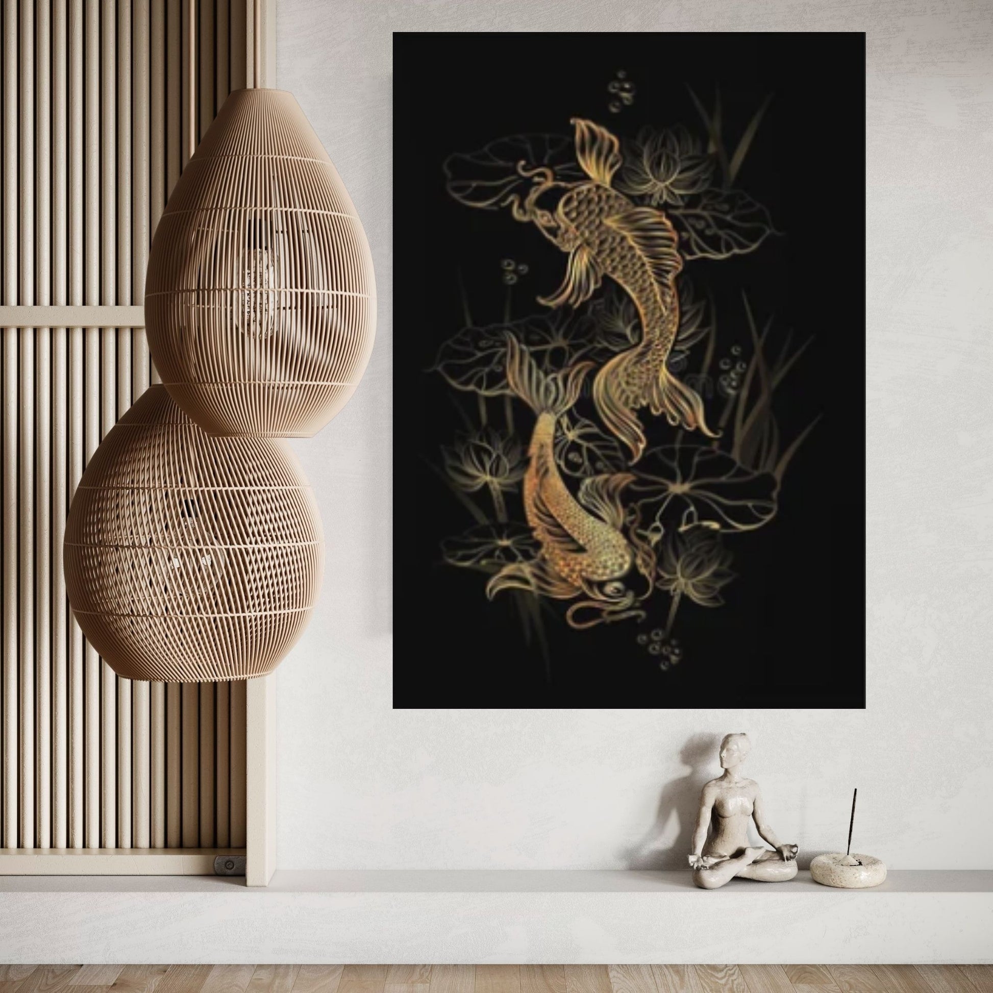 Koi Carps and Lotus-Asian Spiritual Symbols Print on Canvas Wall Art Poster - Y Canvas