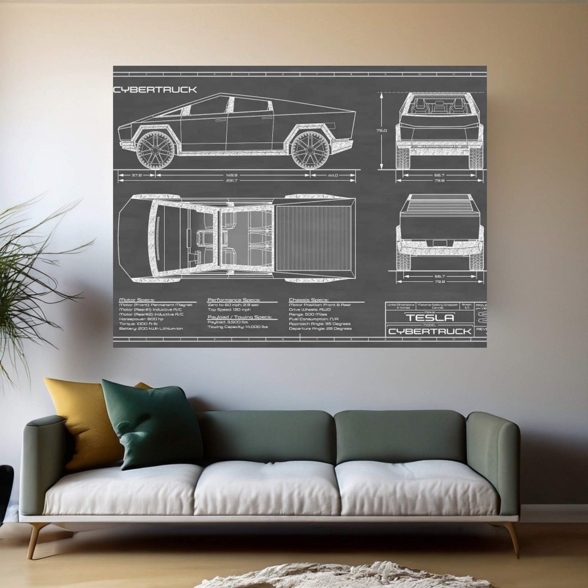 Tesla Cybertruck (2020-2022) Black Canvas Wall Art - Y Canvas