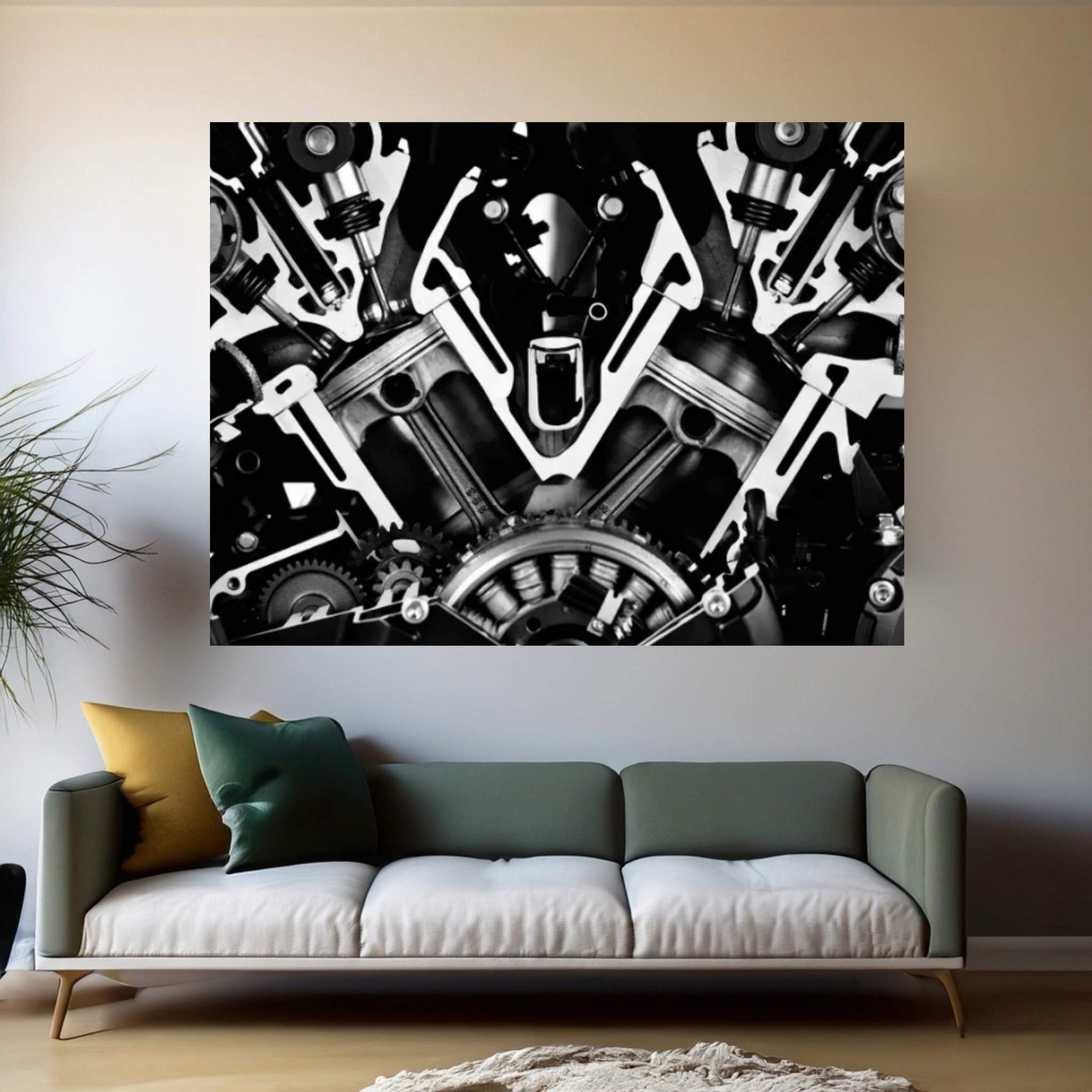 Car Engine Front Grayscale Canvas Wall Art - Y Canvas