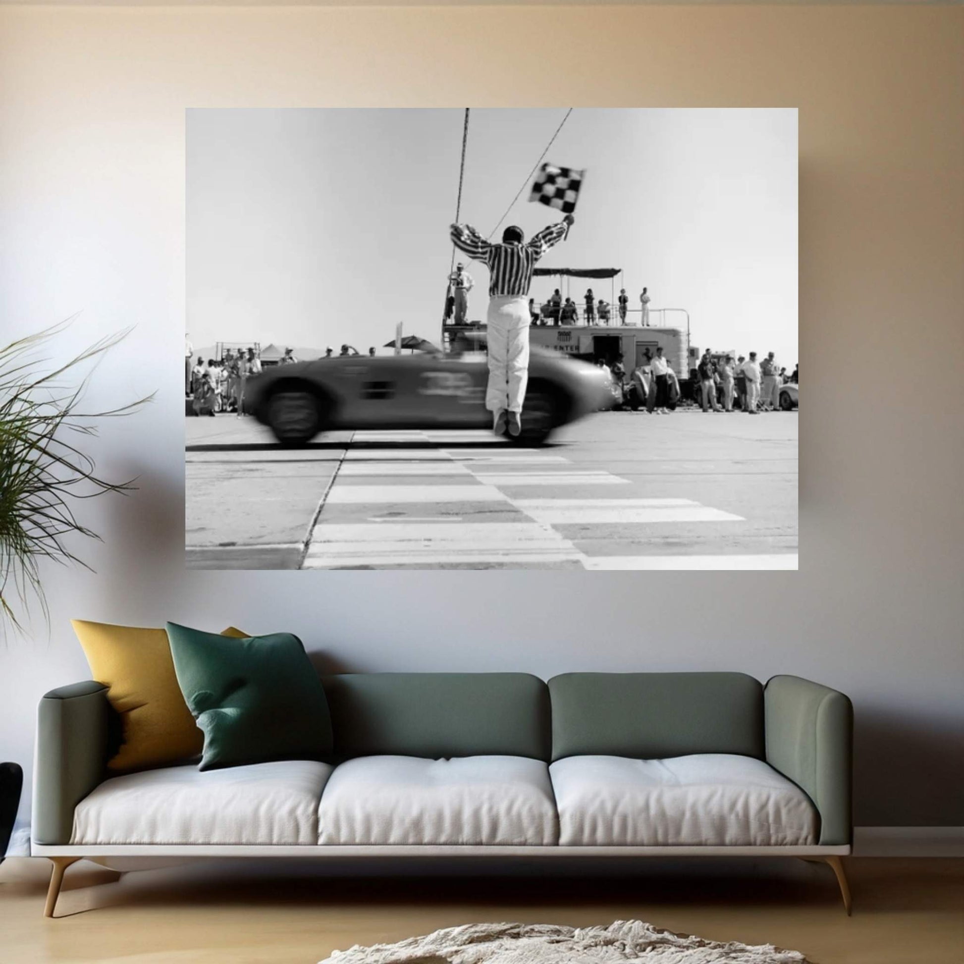 1960s Man Jumping Waving Checkered Flag For Winning Sports Car Crossing The Finish Line Canvas Wall Art - Y Canvas